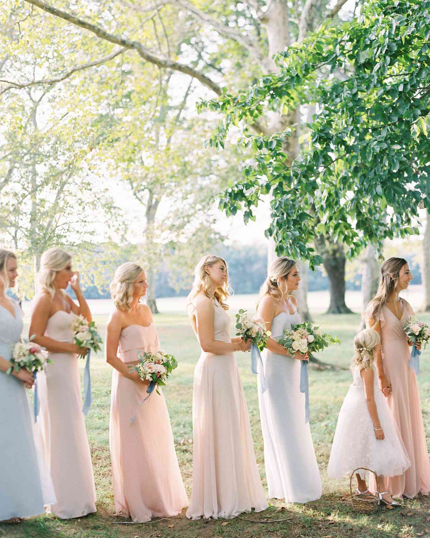 outdoor wedding bridesmaids blue pink dresses