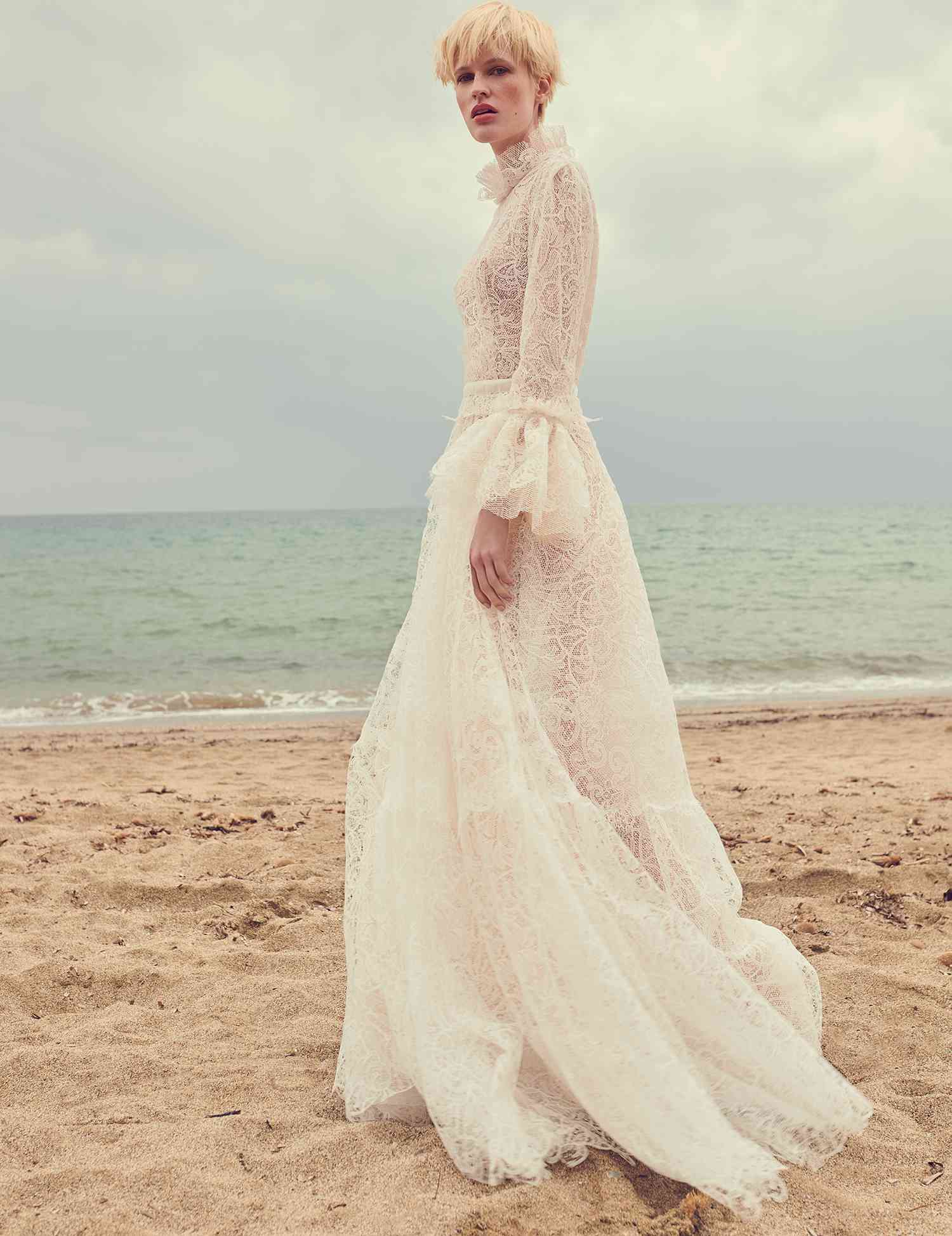 costarellos high neck ruffled sleeves sheer lace wedding dress spring 2020