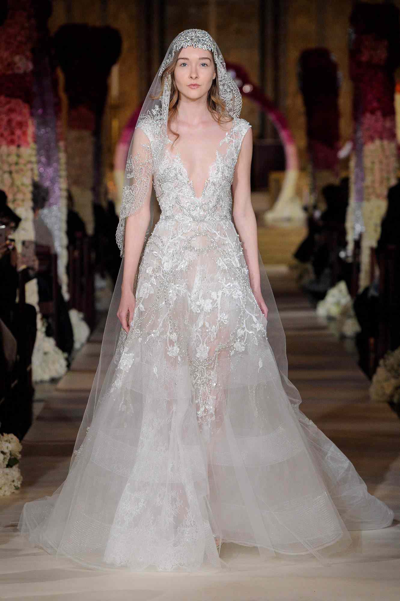deep v sleeveless lace vail wedding dress Reem Acra Spring 2020
