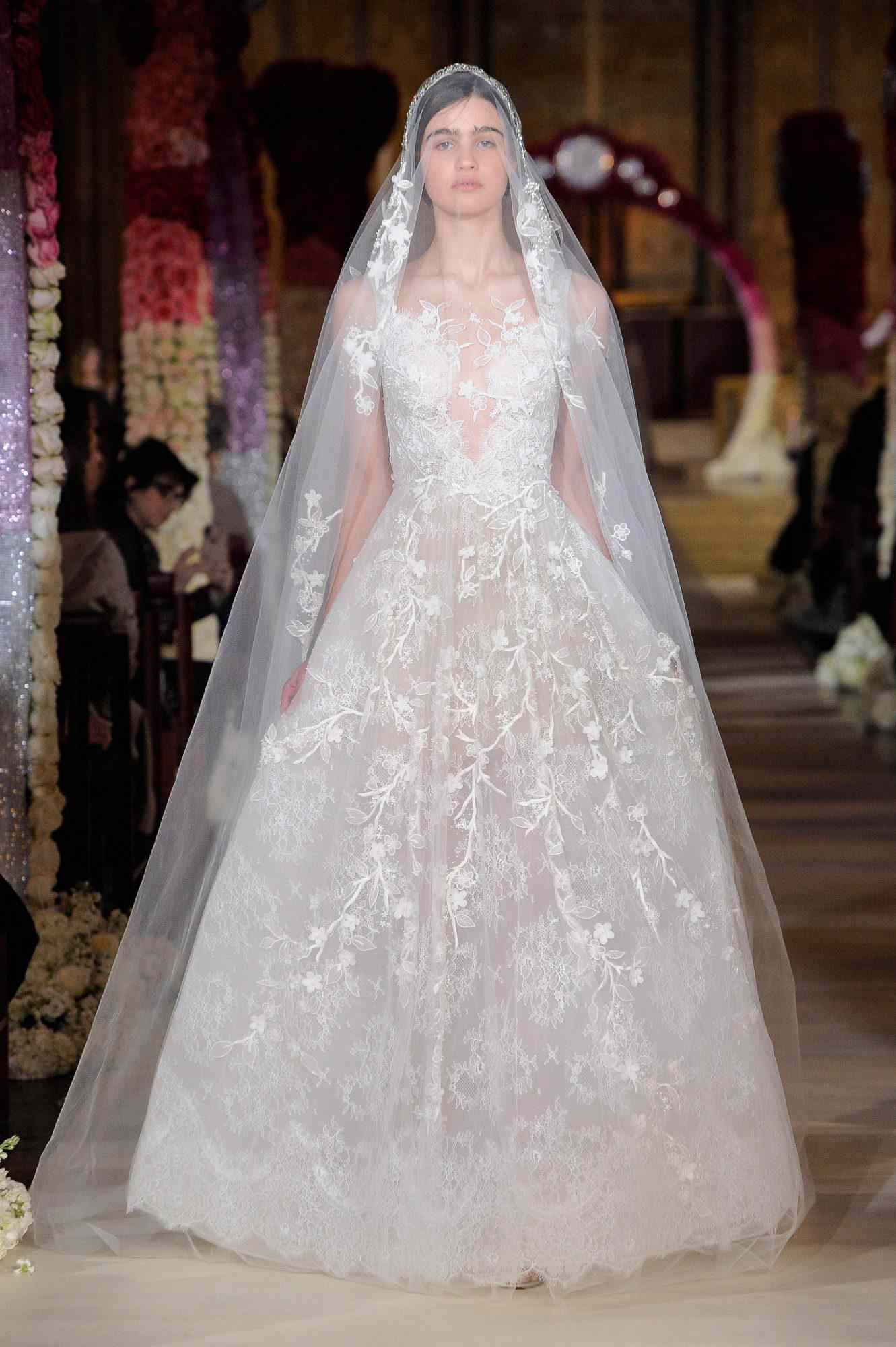 illusion neckline lace vail ball gown wedding dress Reem Acra Spring 2020