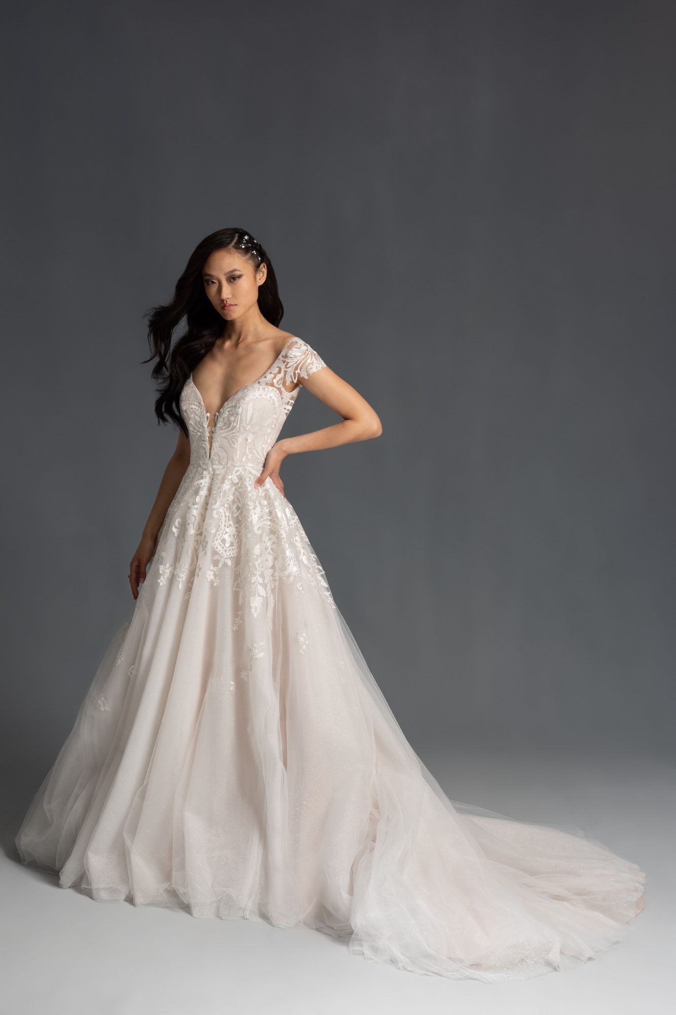 lace cap sleeves plunging v-neck tulle skirt a-line wedding dress Hayley Paige Spring 2020