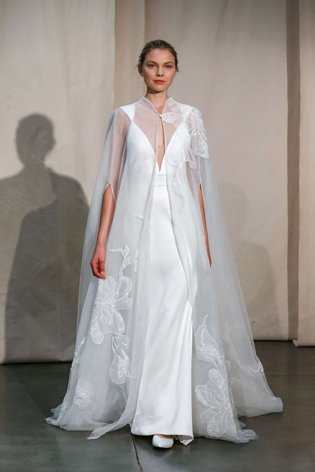 justin alexander sheer embroidered cape wedding dress spring 2020