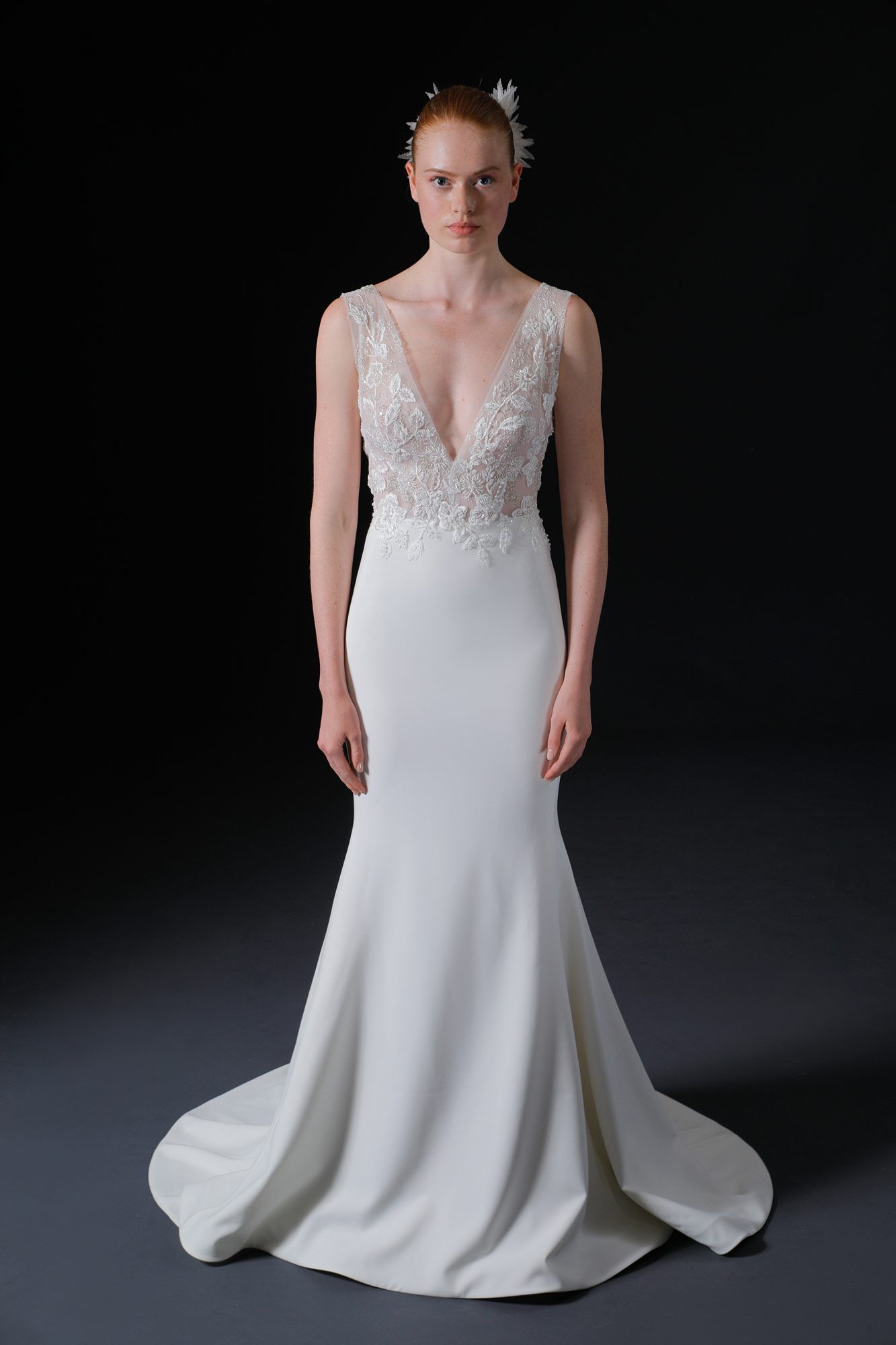 thick spaghetti strap deep v-neck lace semi mermaid wedding dress Isabelle Armstrong Spring 2020