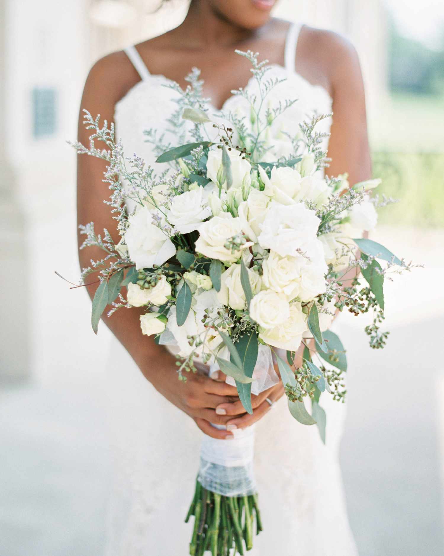 various white long stemmed florals wedding bouquet
