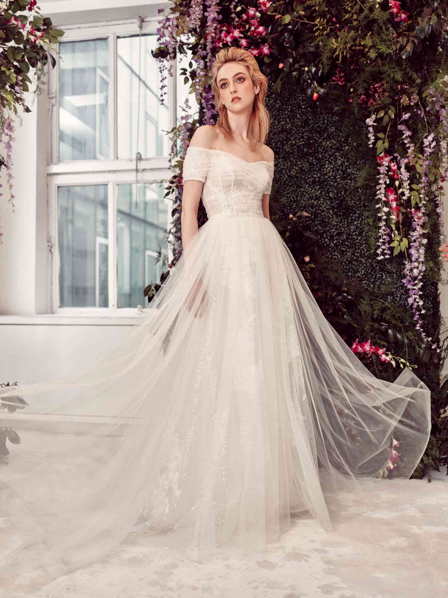 off-the-shoulder tulle ruching a-line wedding dress Rivini by Rita Vinieris Spring 2020