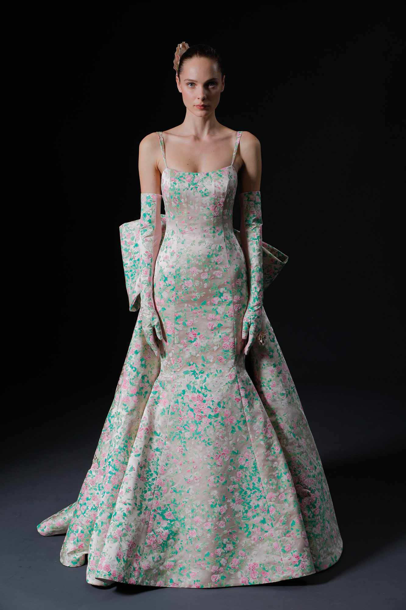 pink and green floral print spaghetti strap large back bow trumpet wedding dress Isabelle Armstrong Spring 2020