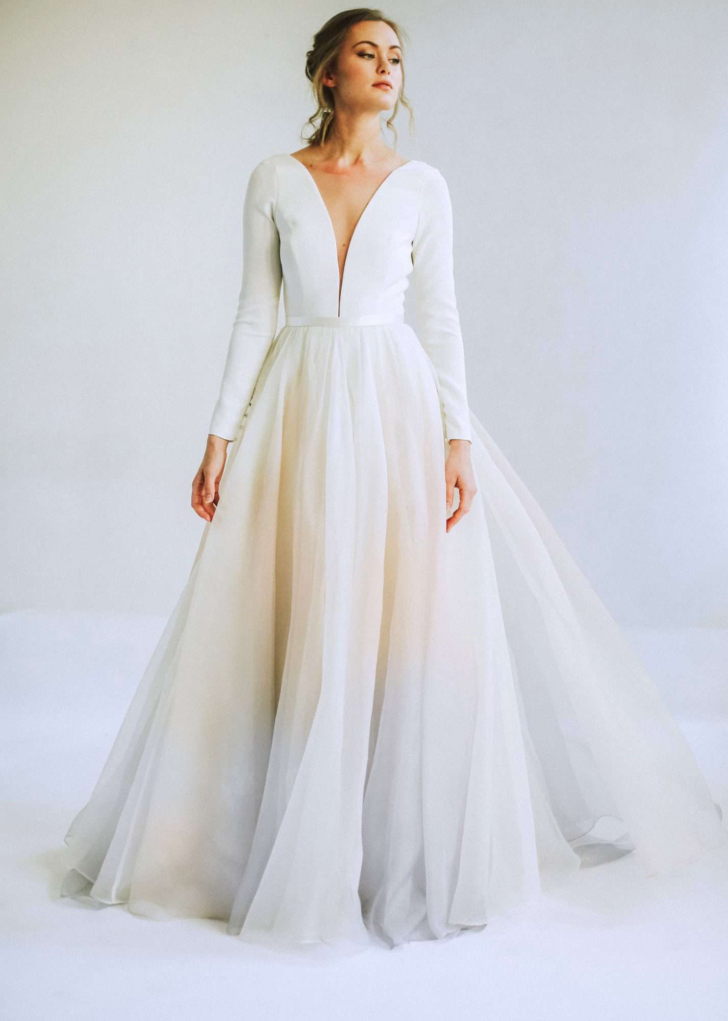 leanna marshall long sleeve deep slit bodice ball gown wedding dress spring 2020