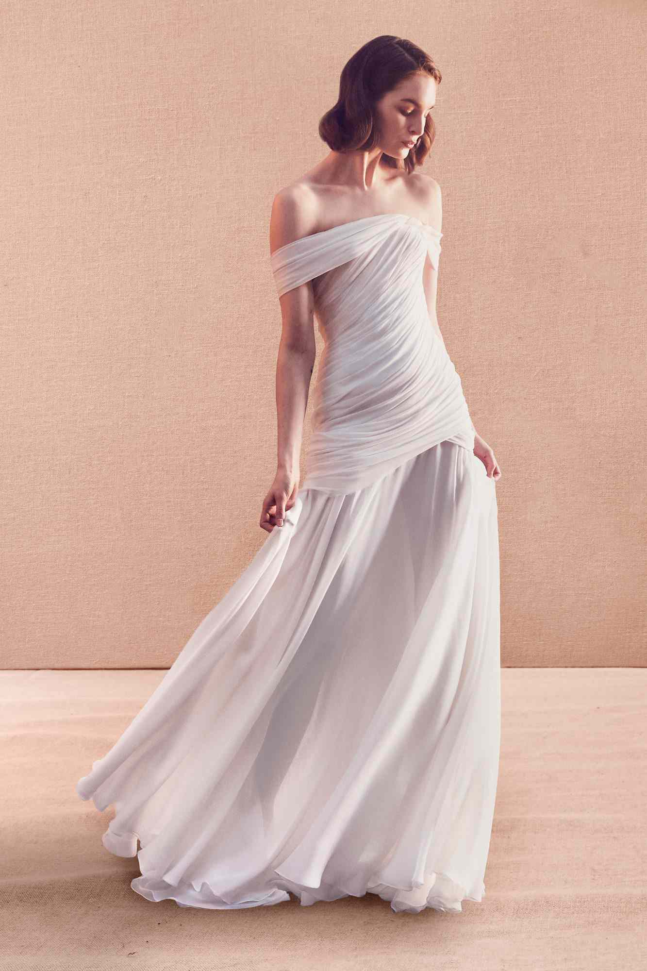 off-the-shoulder straight across tulle ruching trumpet wedding dress Oscar de la Renta Spring 2020