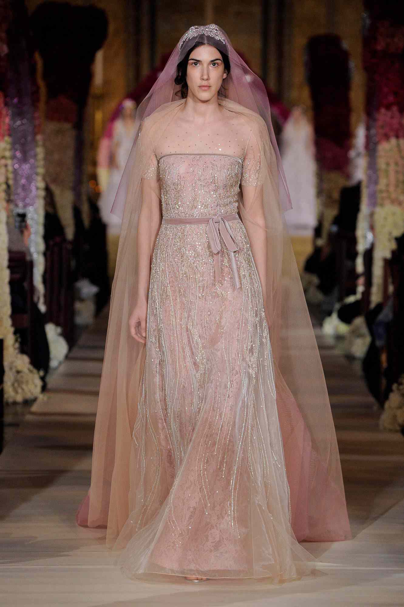 dust rose illusion neck glitter beading short sleeve a-line wedding dress Reem Acra Spring 2020