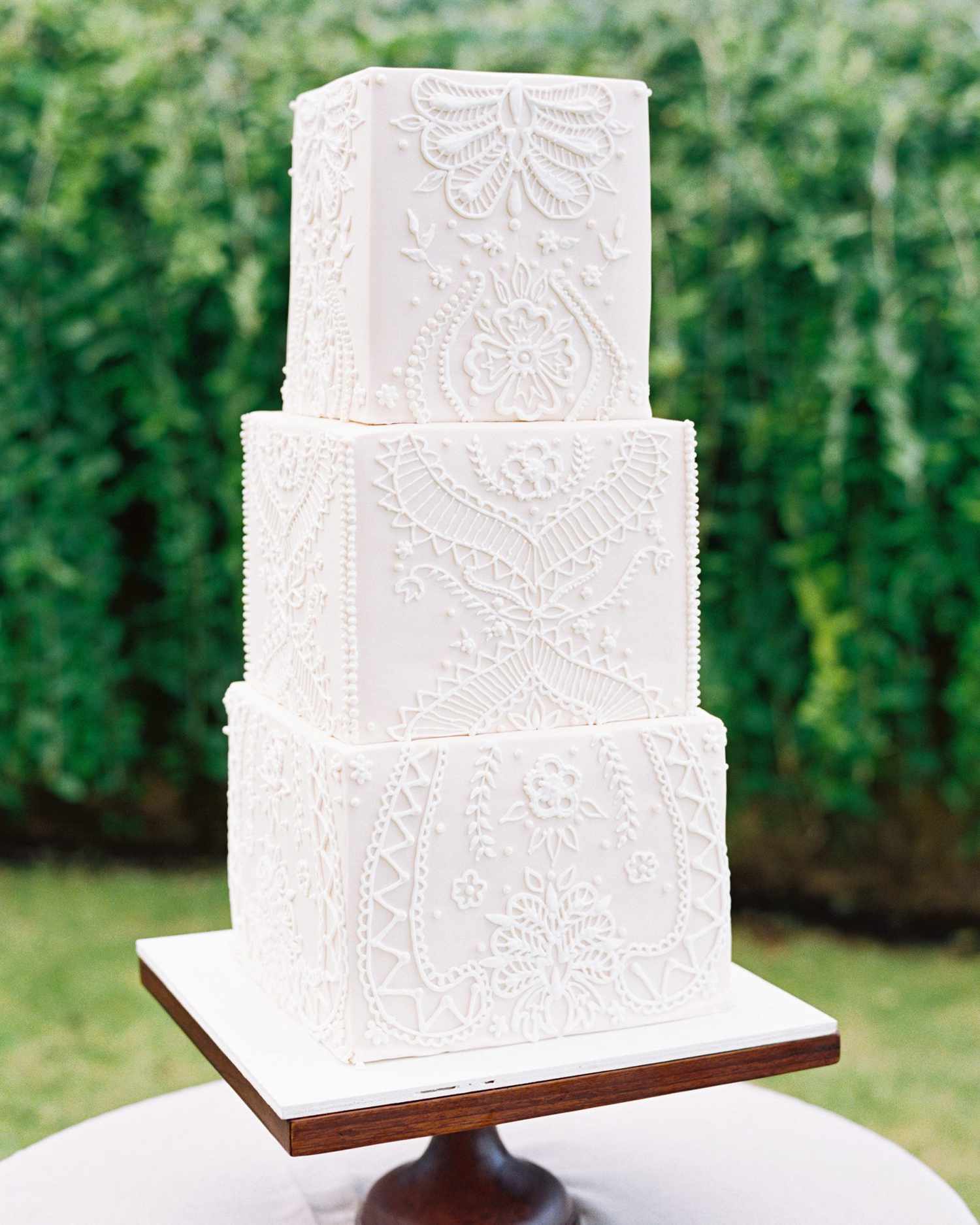 cubed wedding textured lace white cake