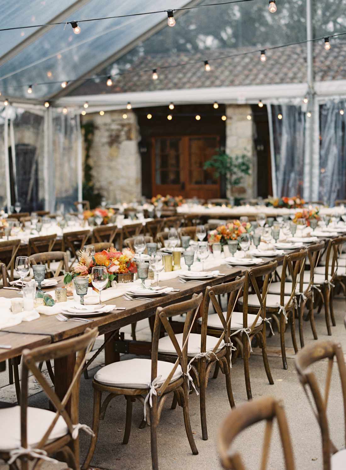 Rose Patio long wooden tables wedding reception