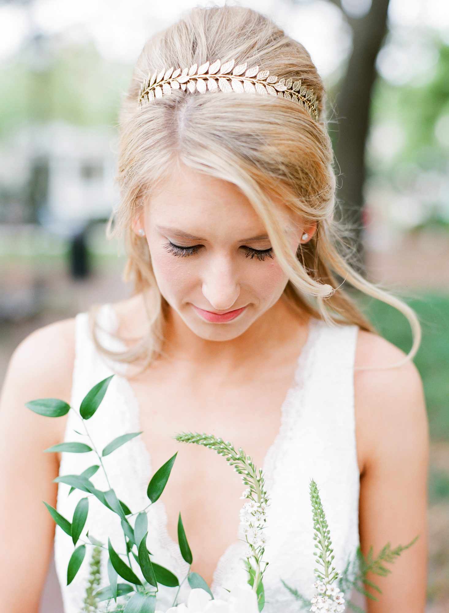 bride wearing gold leaf crown