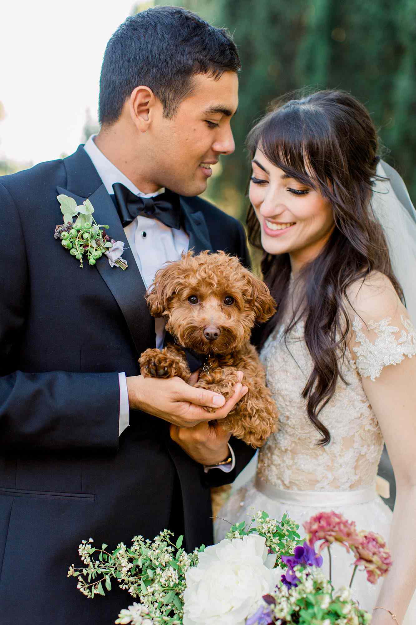 molly josh wedding couple holding dog