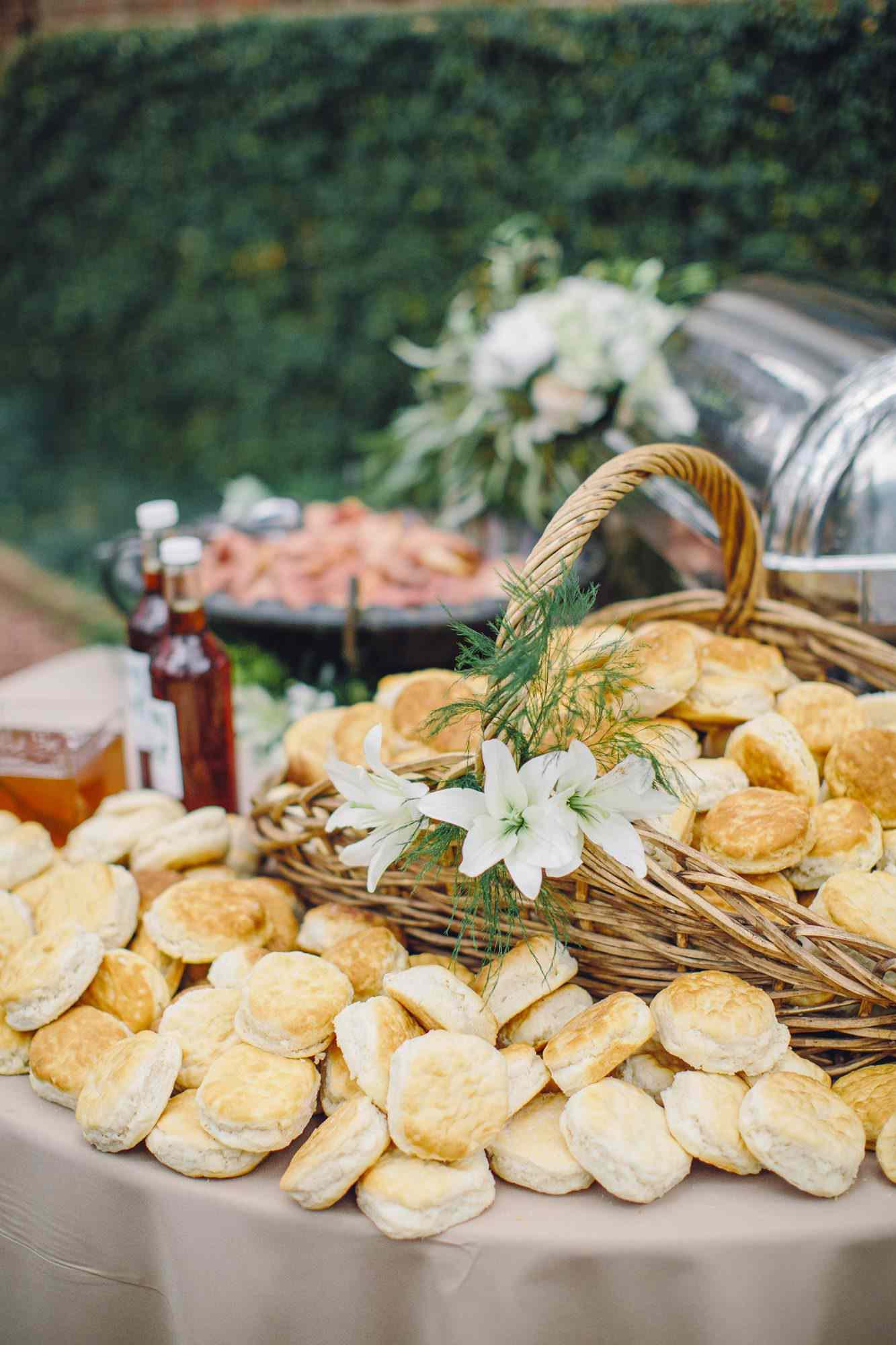 flaky biscuits wicker basket and table