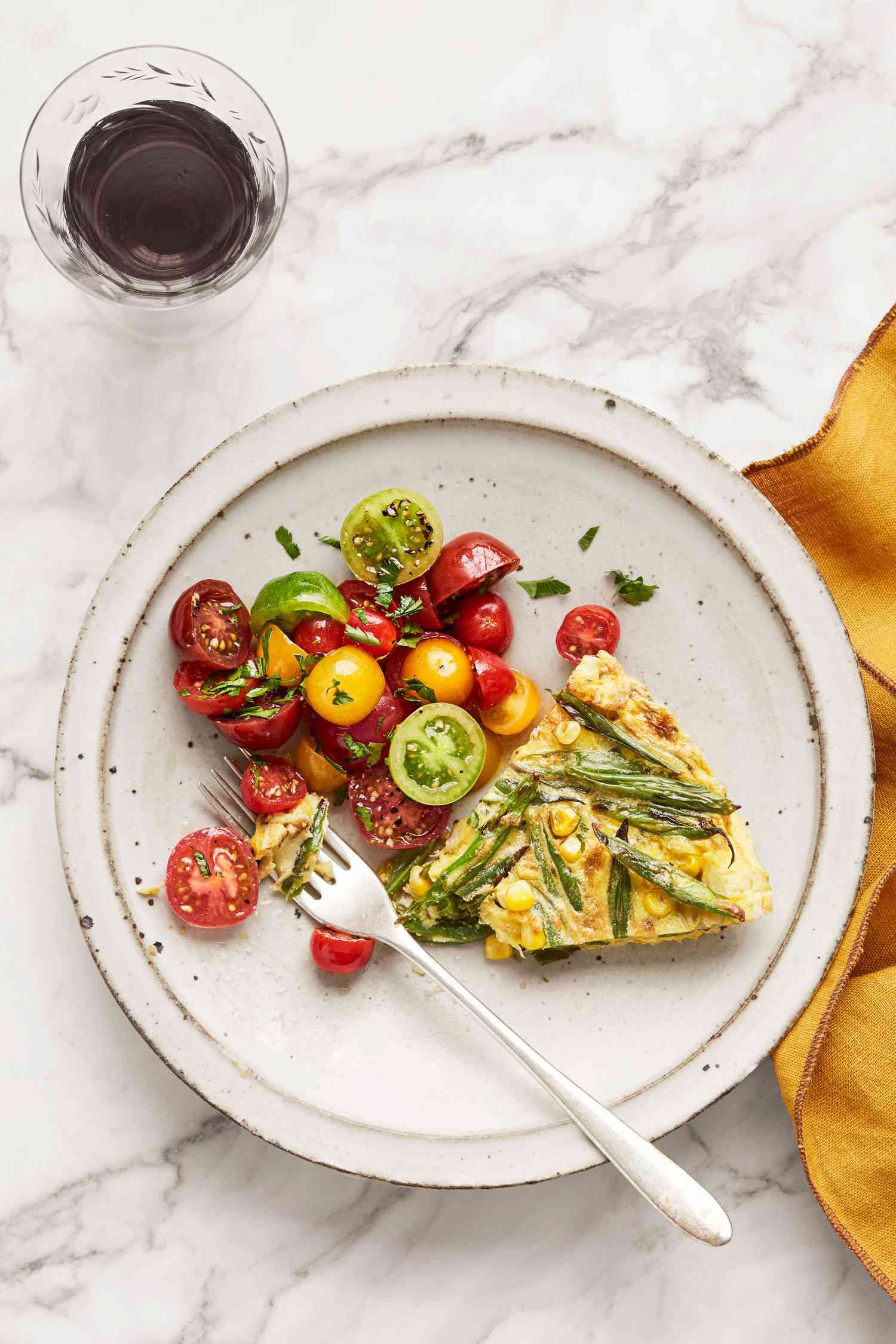 blistered green-bean and corn frittata plate and fork