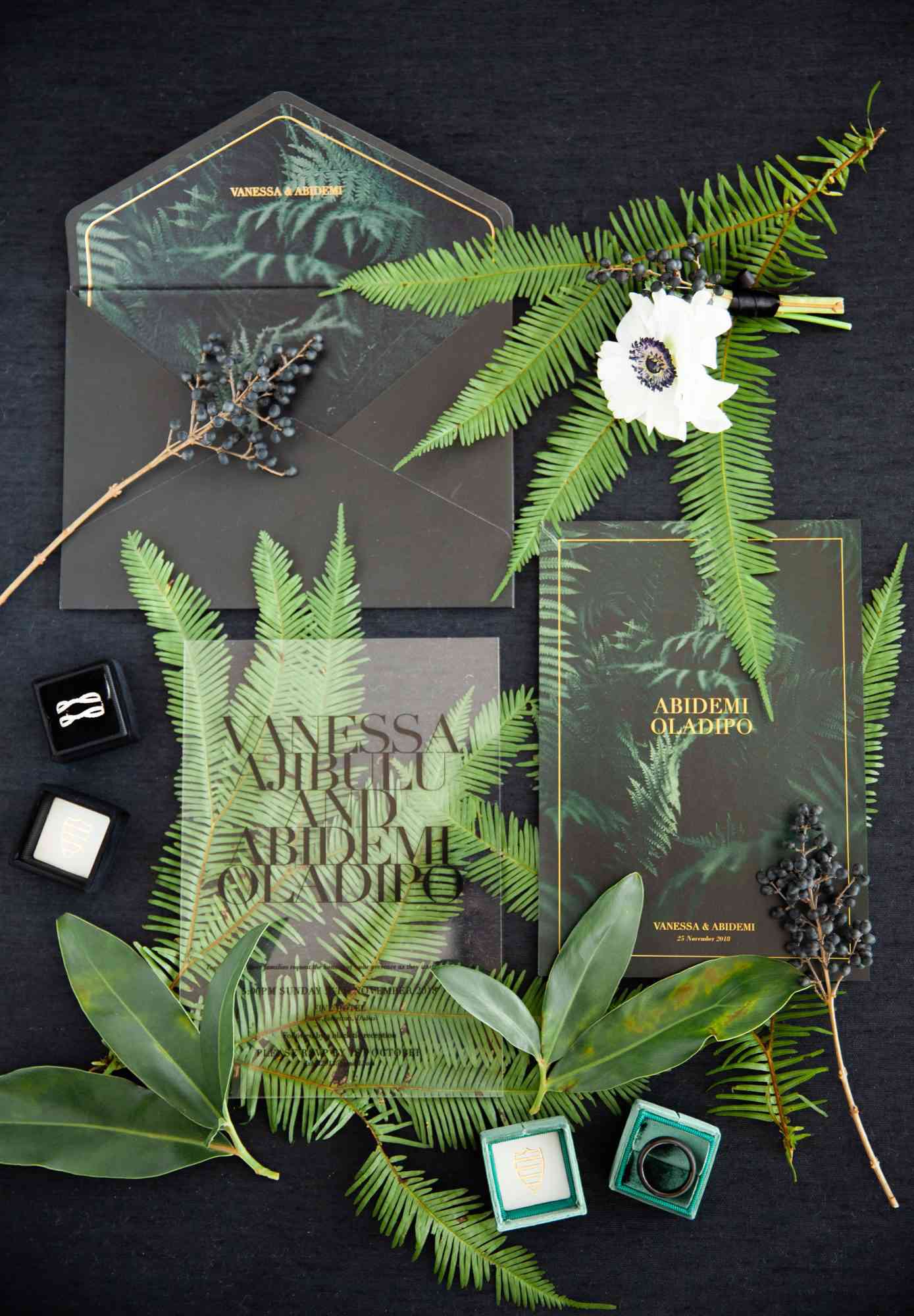 vanessa abidemi wedding palm brand and black invitations