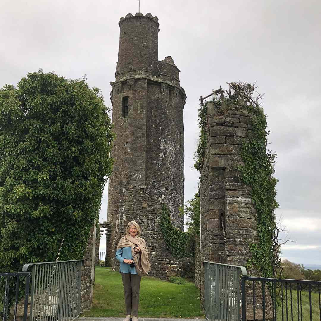 martha stewart at tower ruins outside of Dublin, Ireland