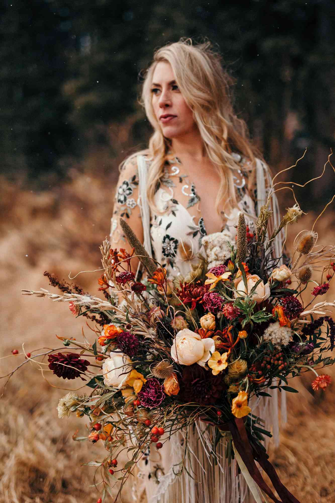 rustic deep peach, gold, pink, and burgundy bouquet