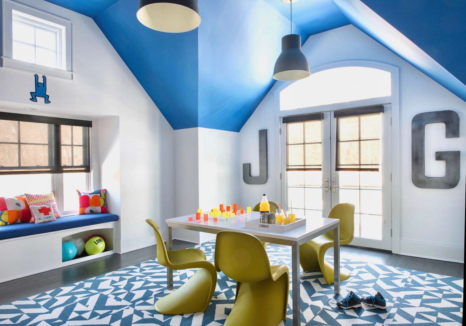blue dormer playroom with window seat