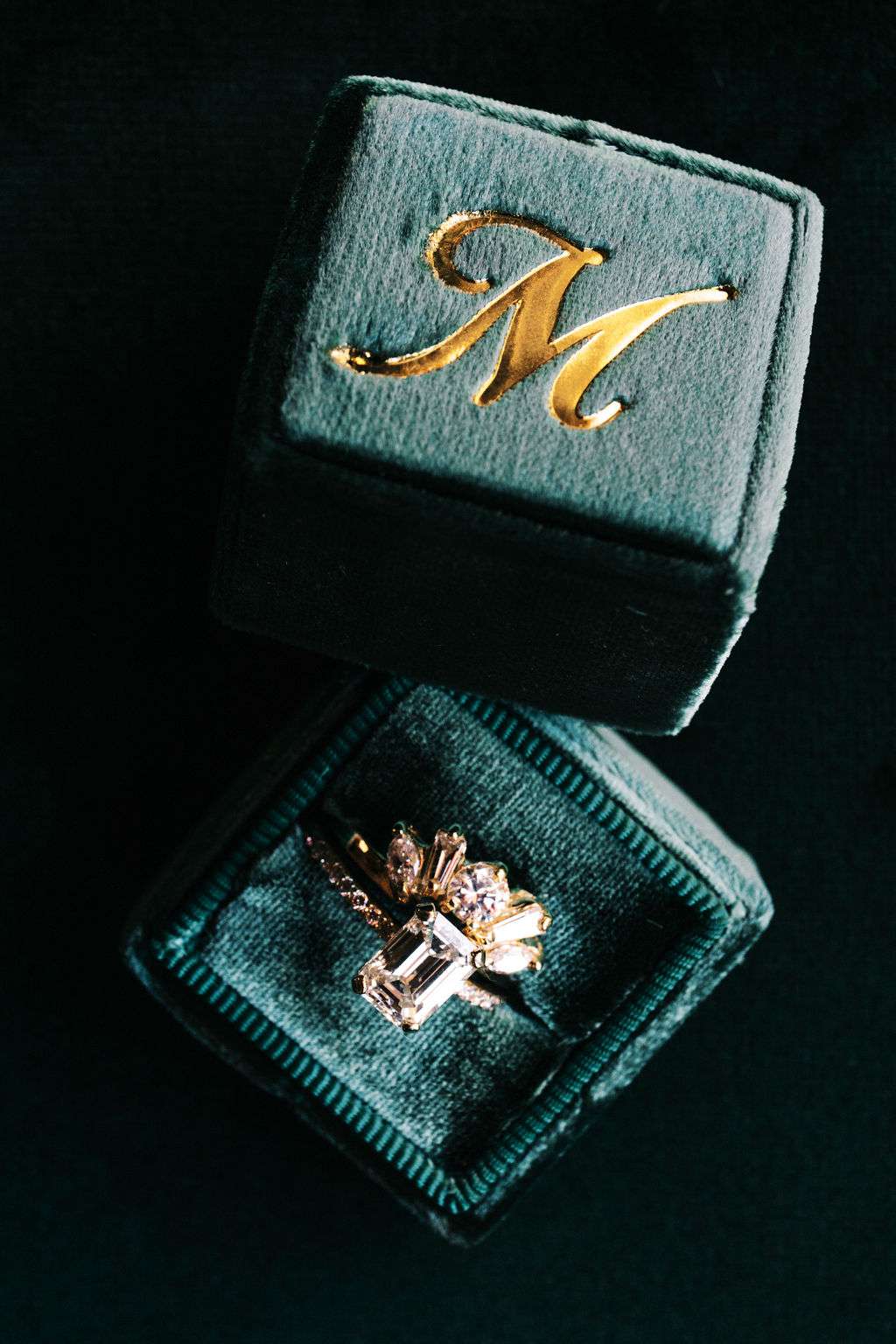 meagan robert wedding ring in green velvet box