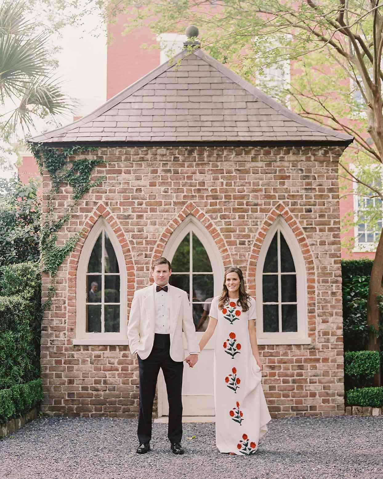 beverly steve wedding couple standing in front of garden house