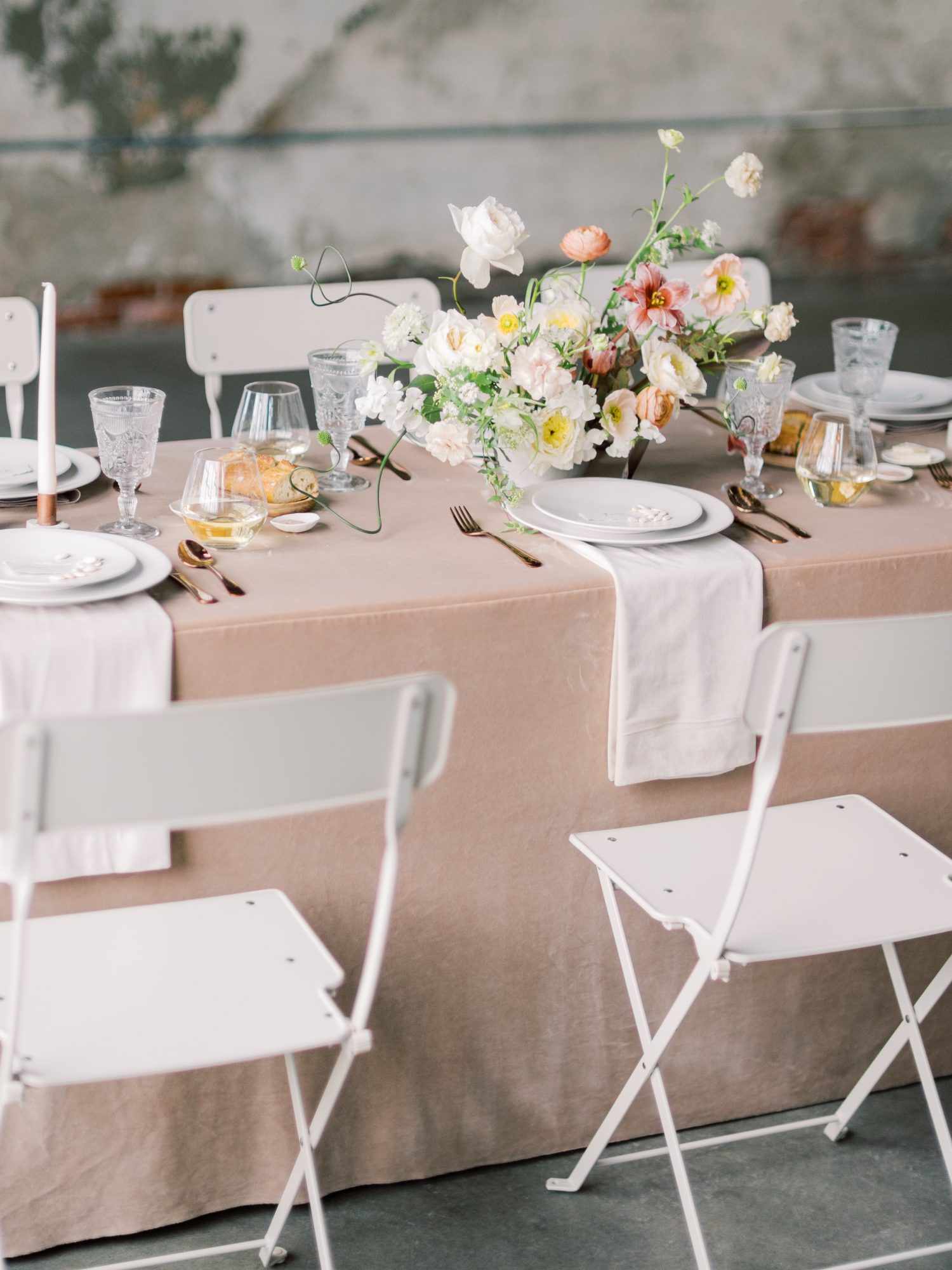 plan rehearsal dinner -  dusty rose, white and yellow tableware