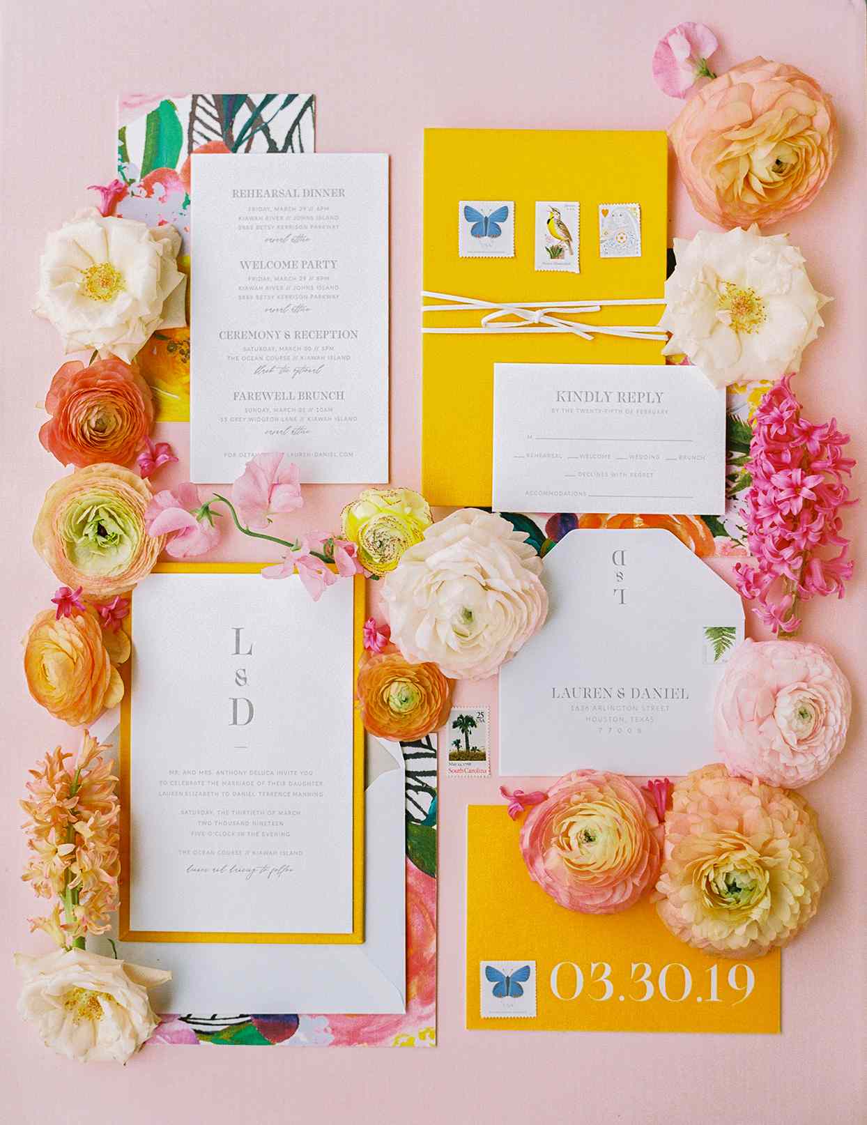lauren dan colorful wedding invitation suite orange yellow and pink