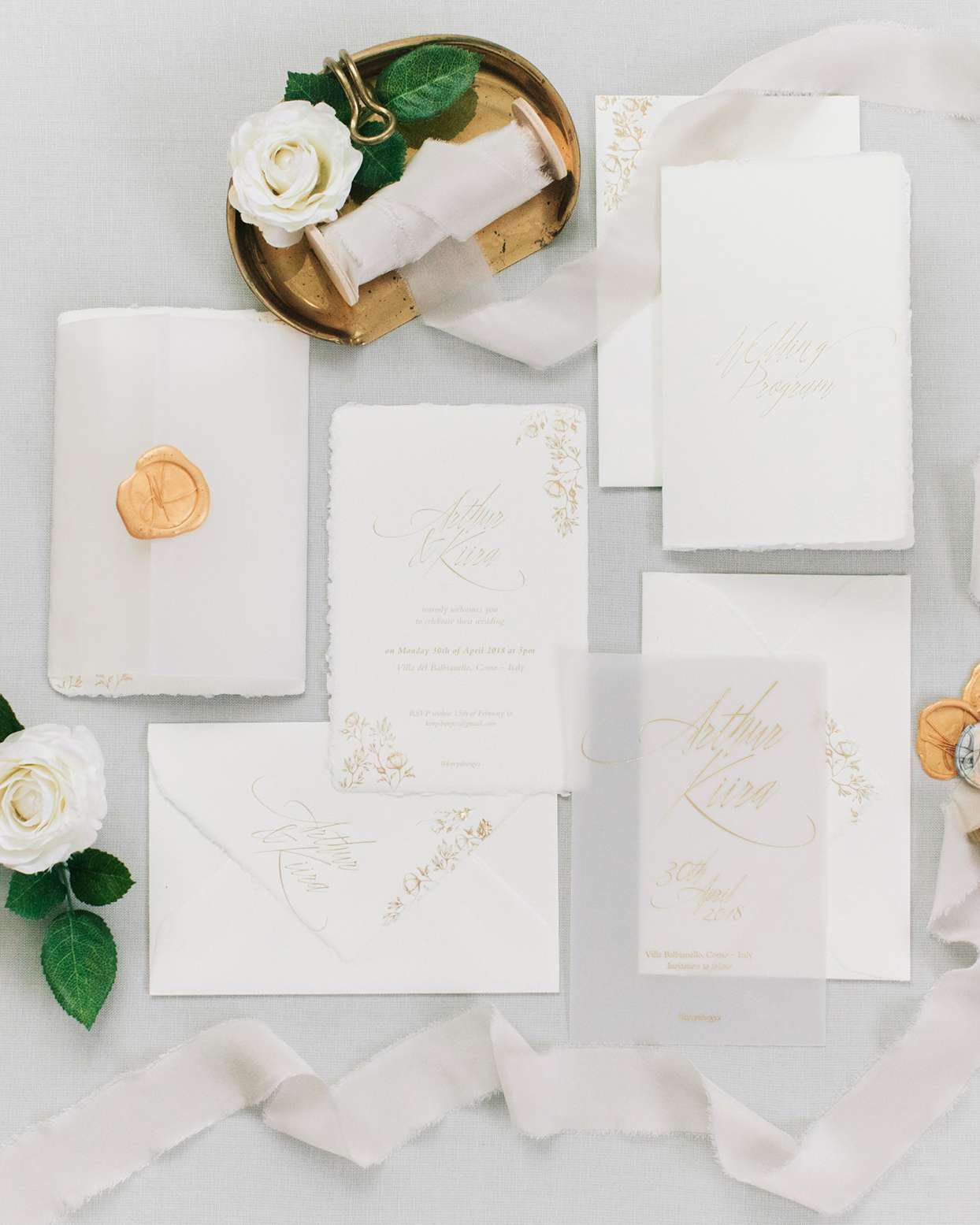 kiira arthur white and gold wedding invitations