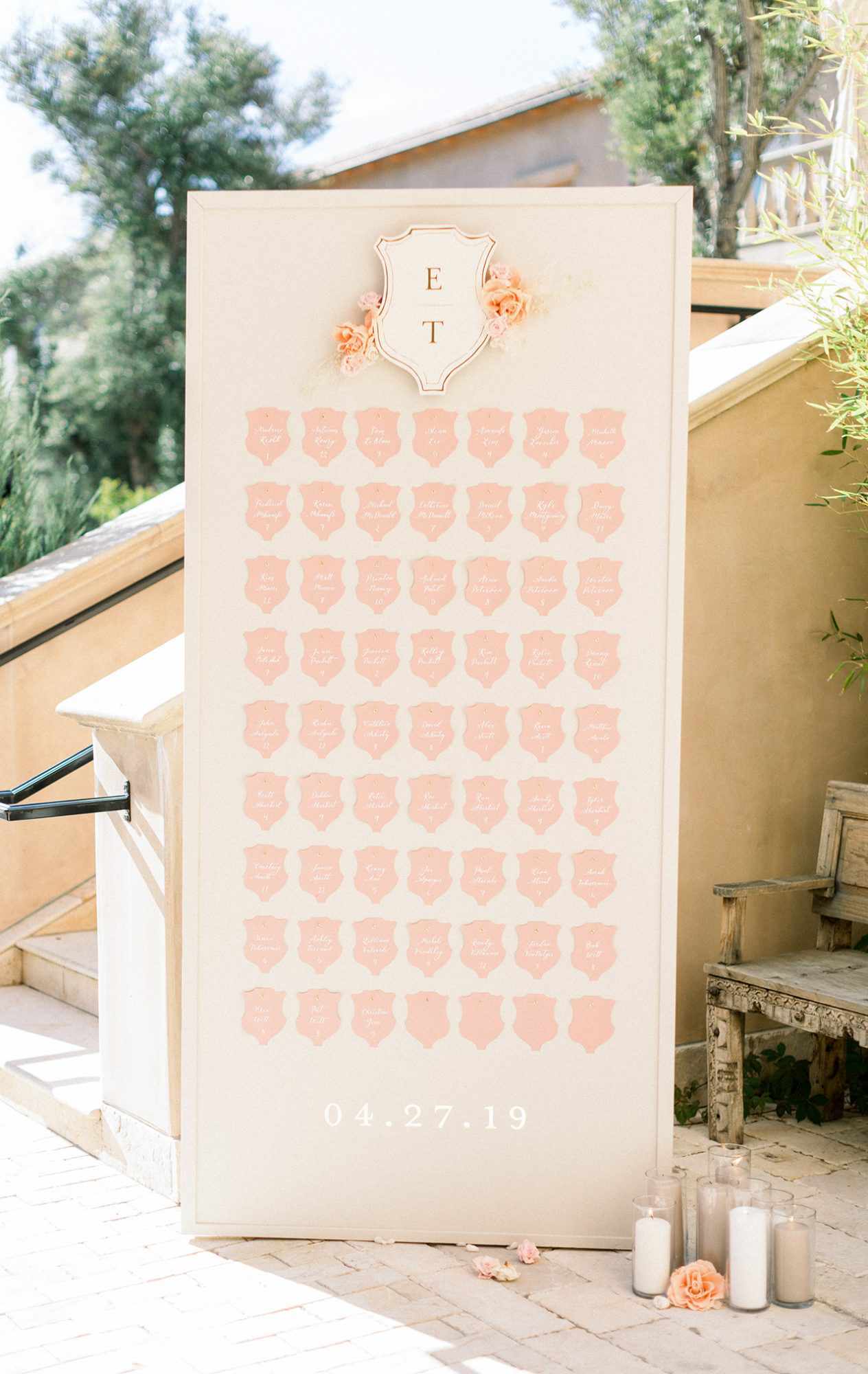 monogrammed seating chart display crest shape cards