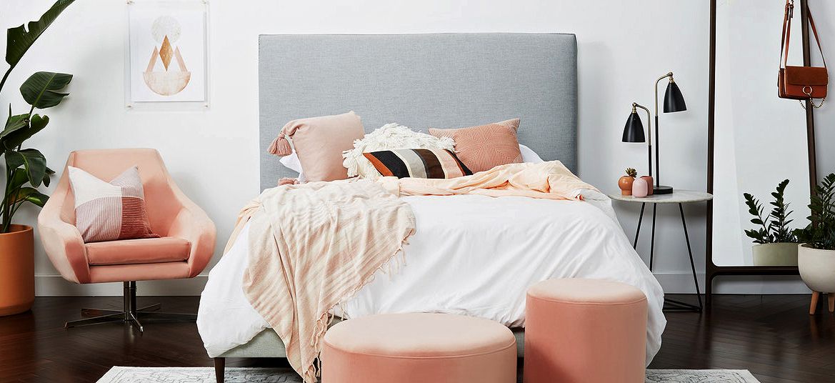 gray and coral bedroom with Joybird furniture