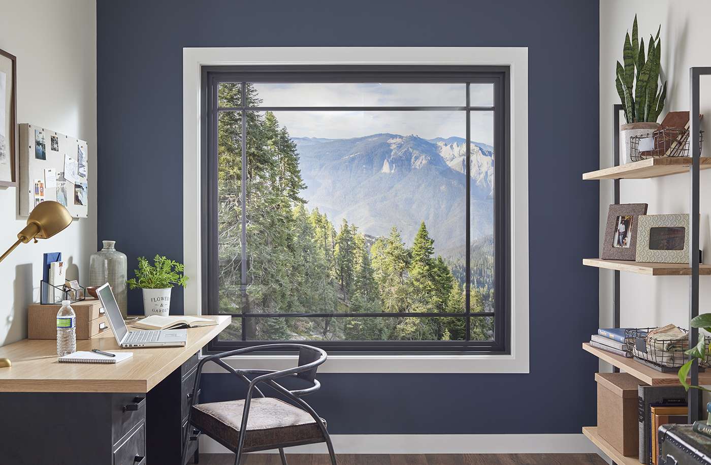 Picture style window in a home office.