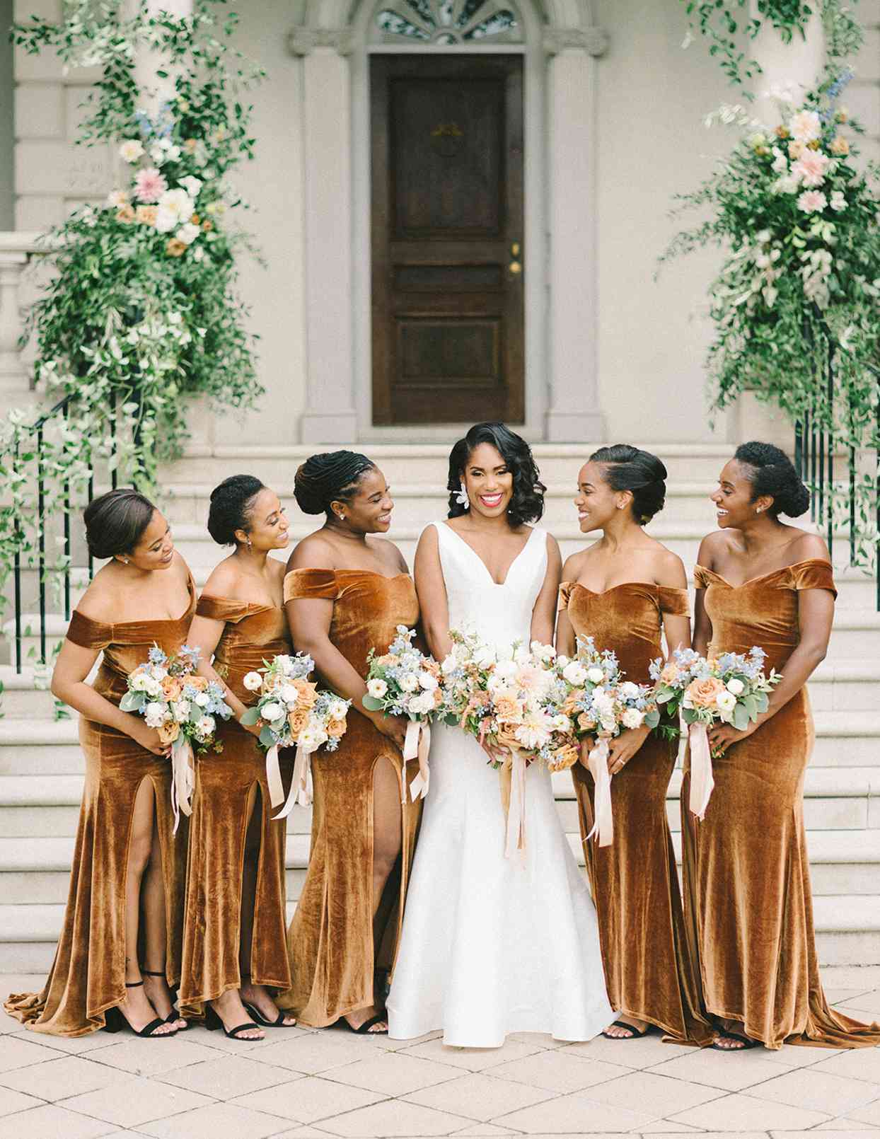 ericka meechaeyl wedding bridesmaids in rust velvet dresses