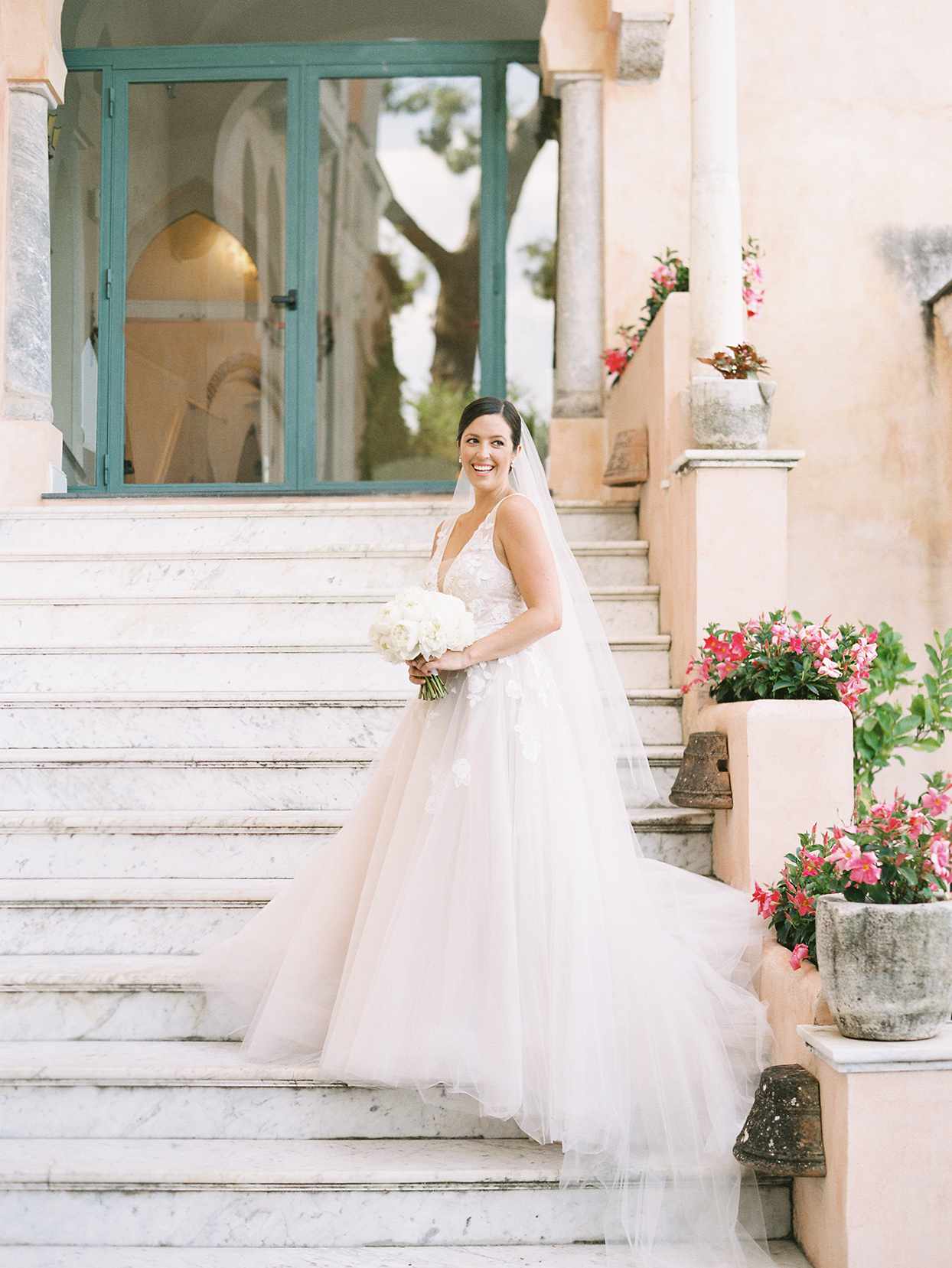 jacqueline david wedding bride on marble steps