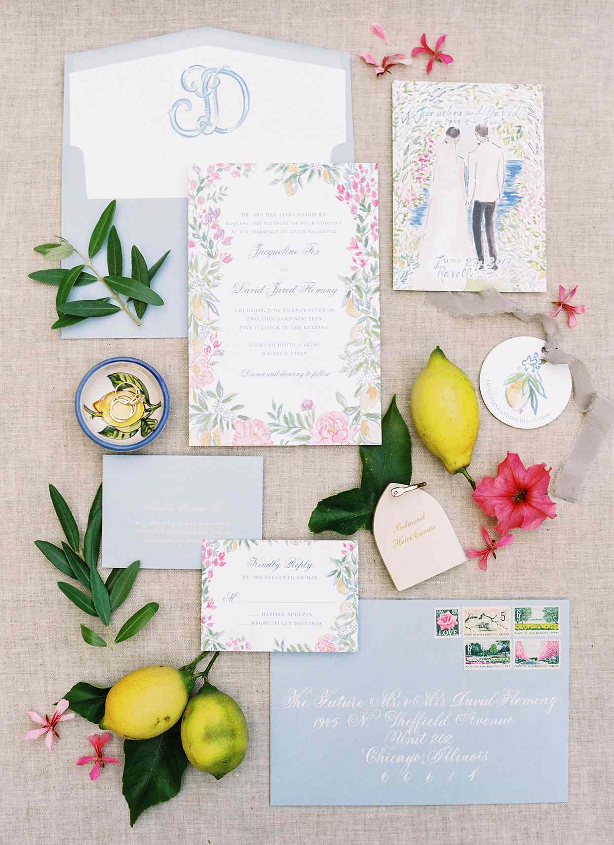 jacqueline david wedding blue pink and white invitations