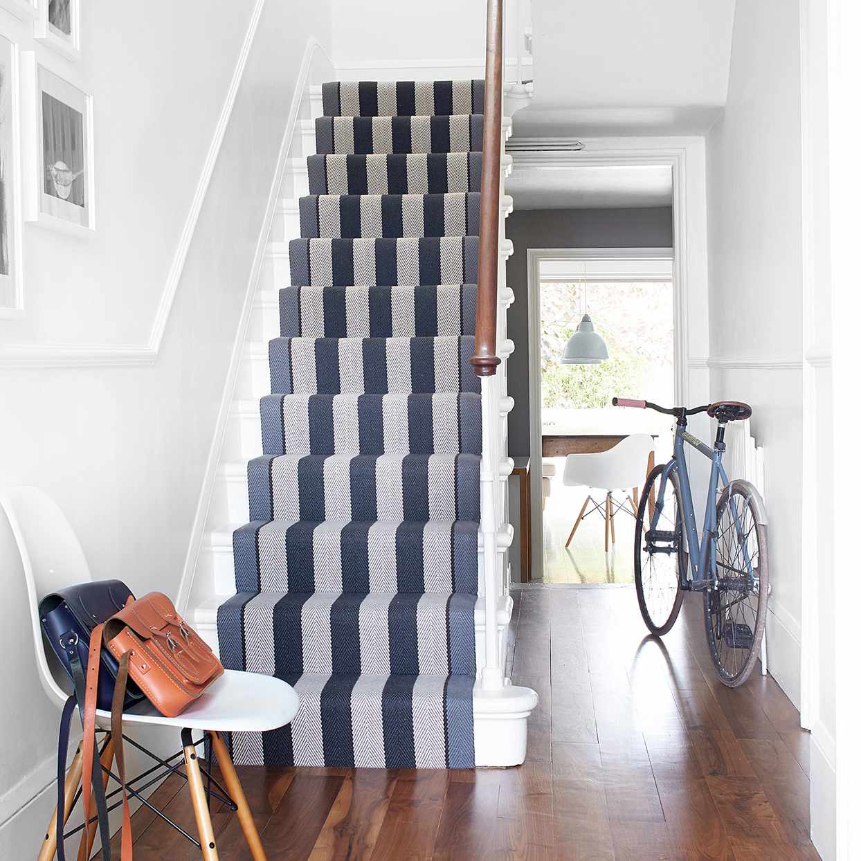 blue and white striped stair runner