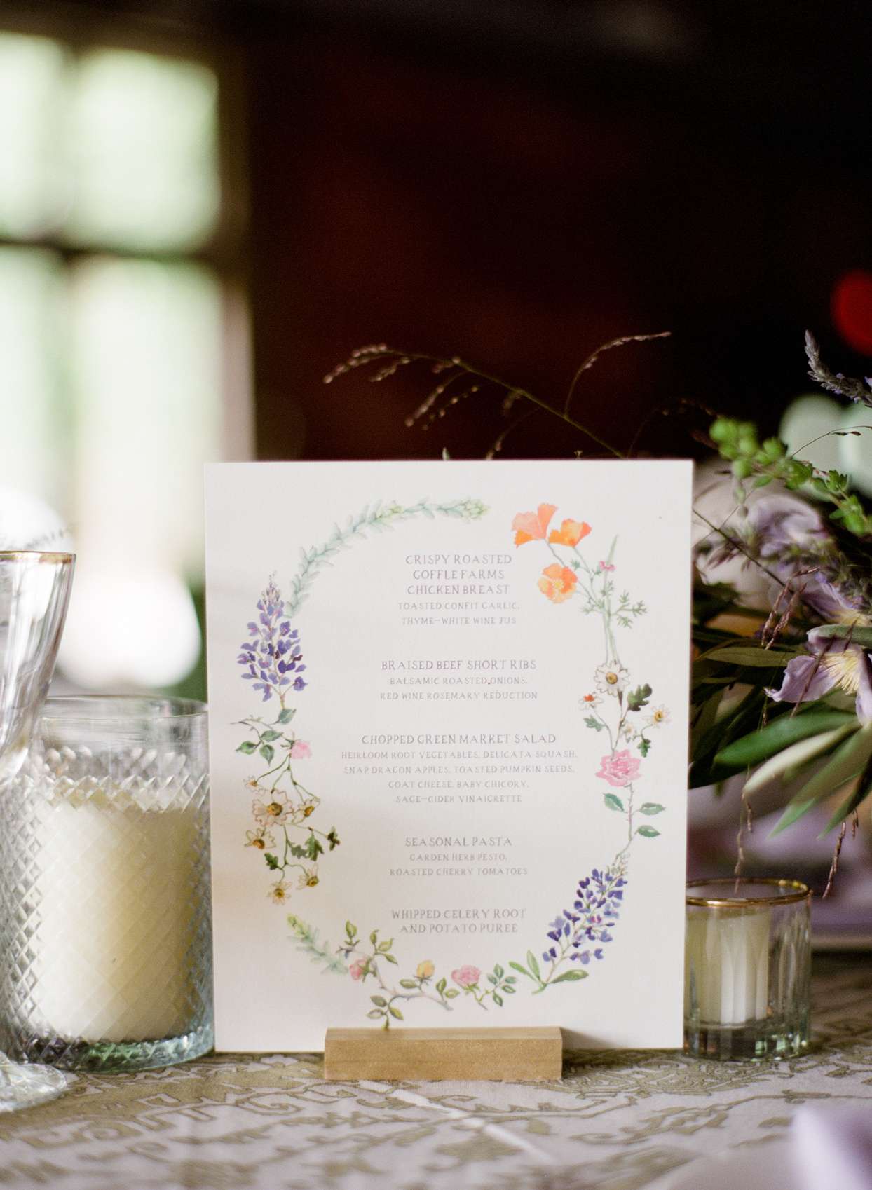wedding reception menu with botanical illustration