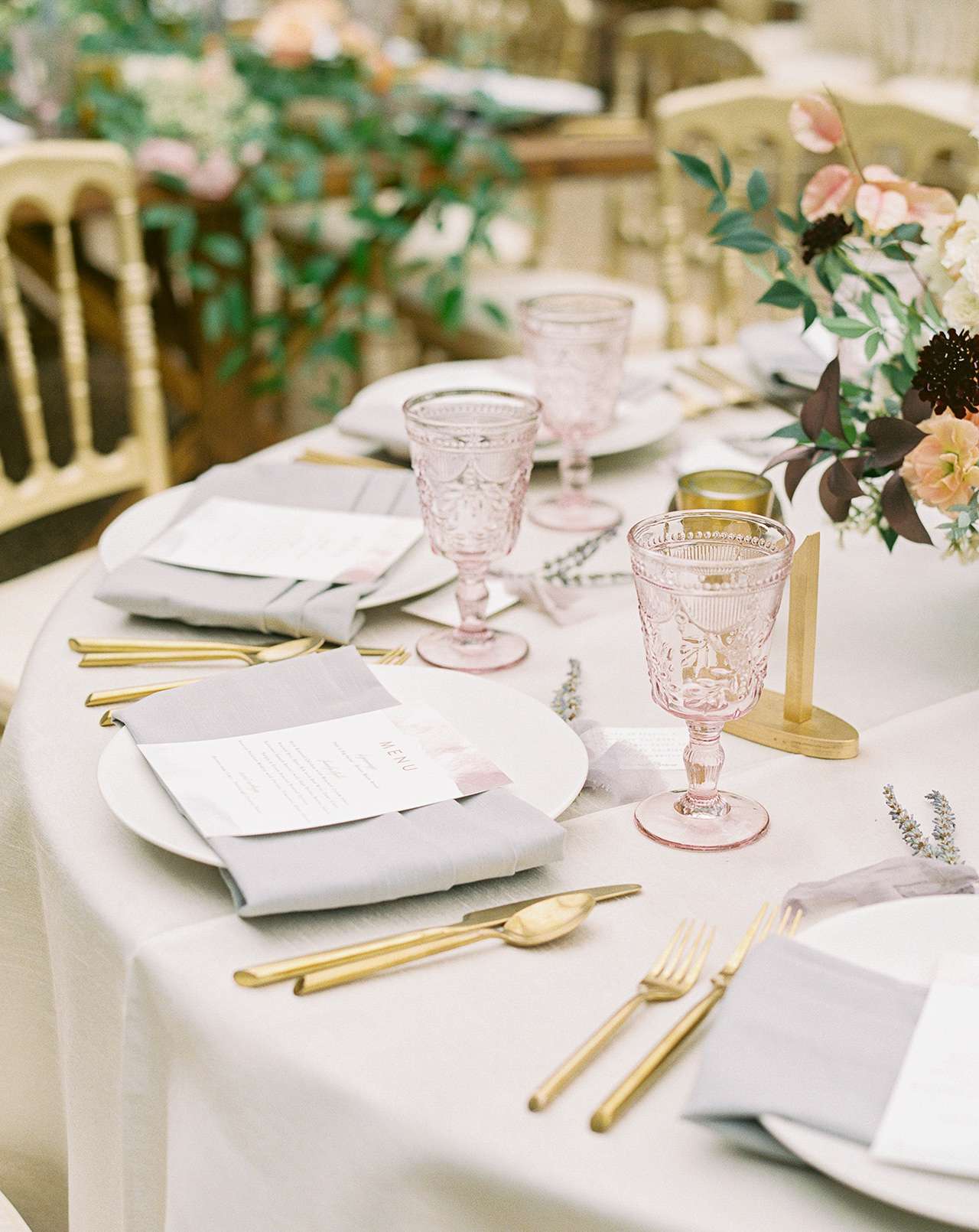 wedding reception table setting romantic glassware