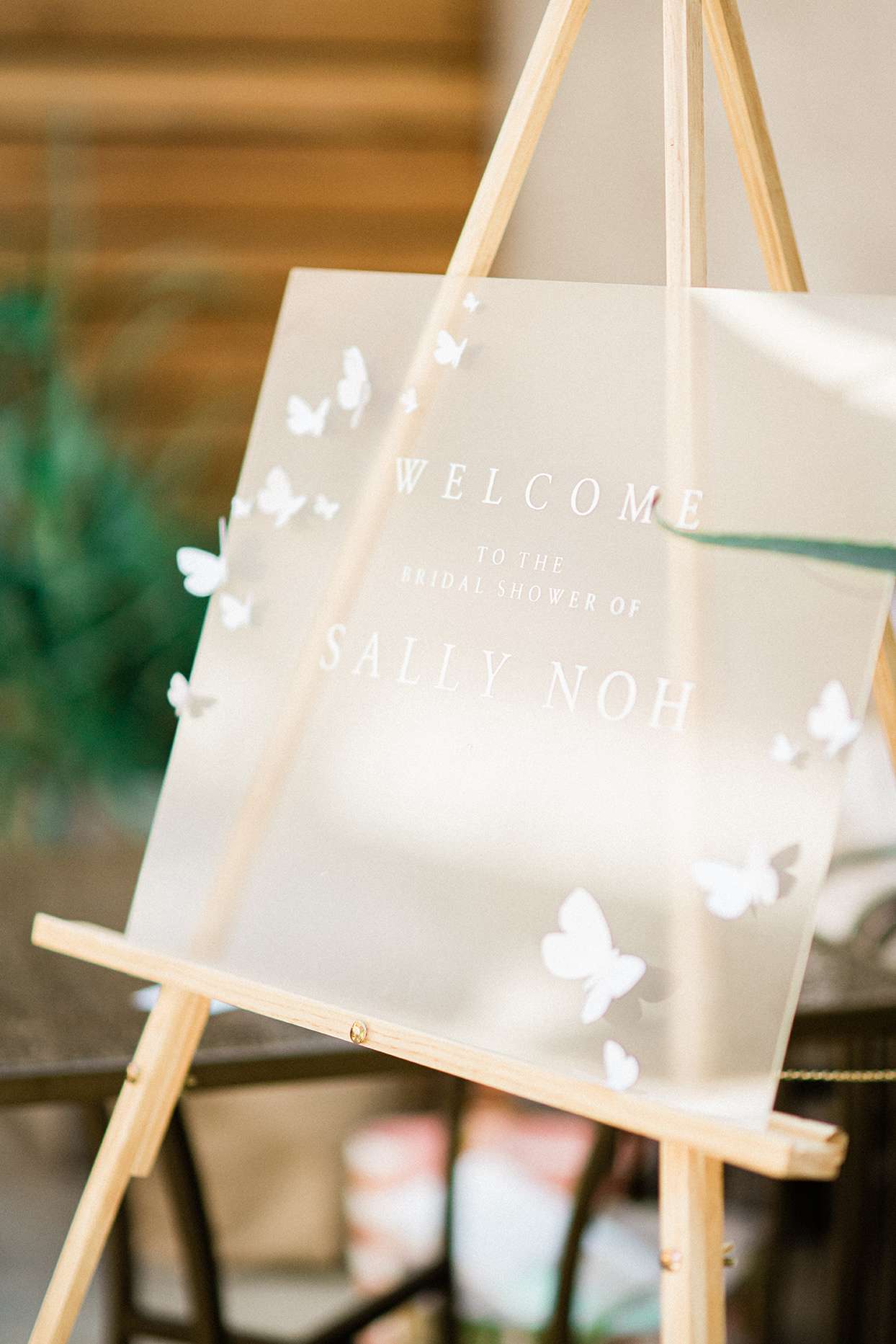 sally bridal shower welcome sign on easel