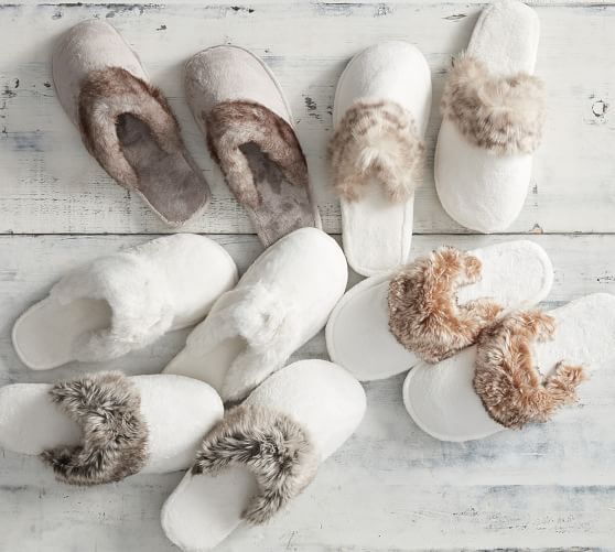 Pottery Barn Faux Fur Slippers in Ivory Alpaca