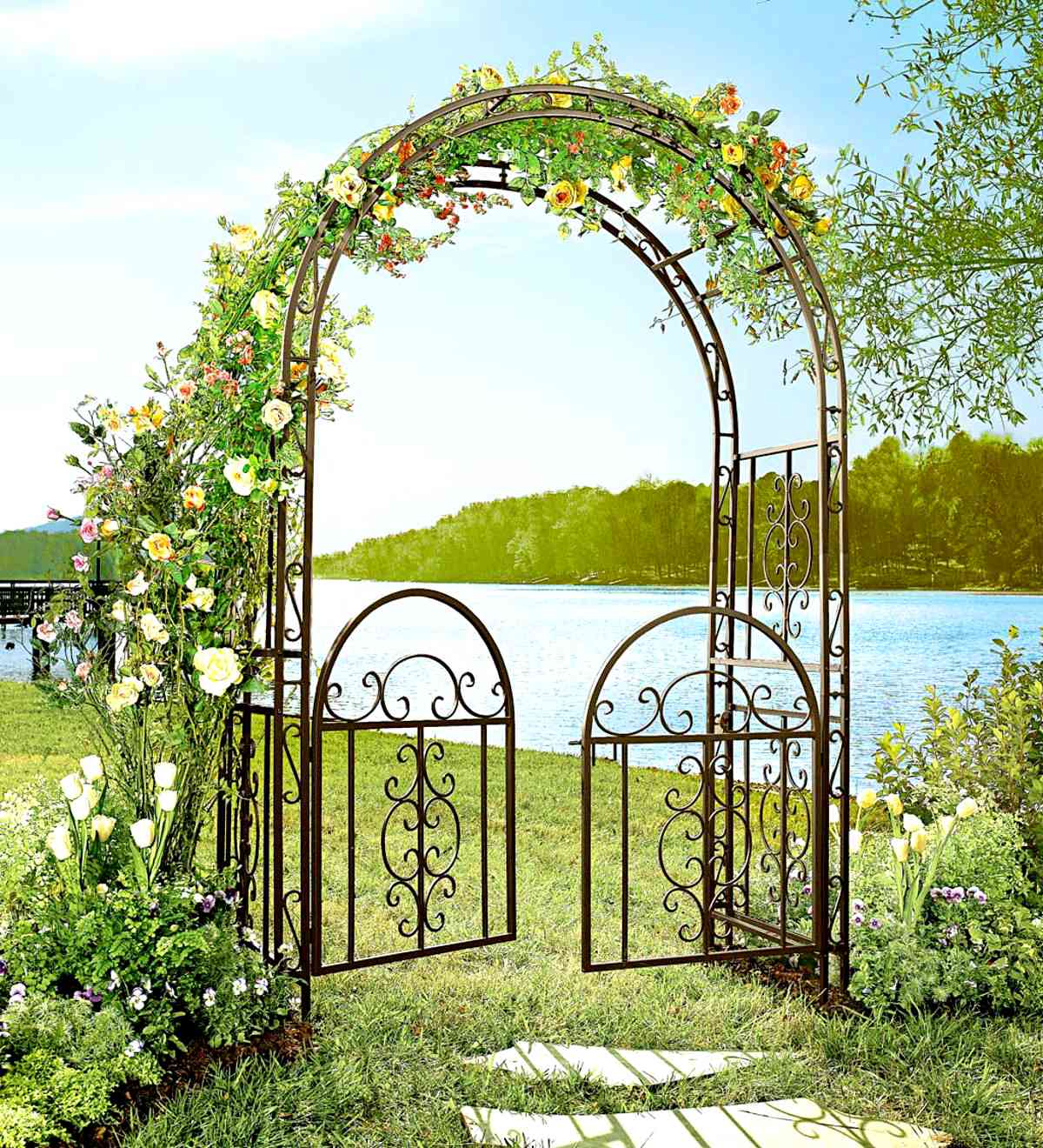 Plow&Hearth Montebello Scrollwork Metal Garden Arbor with Gate