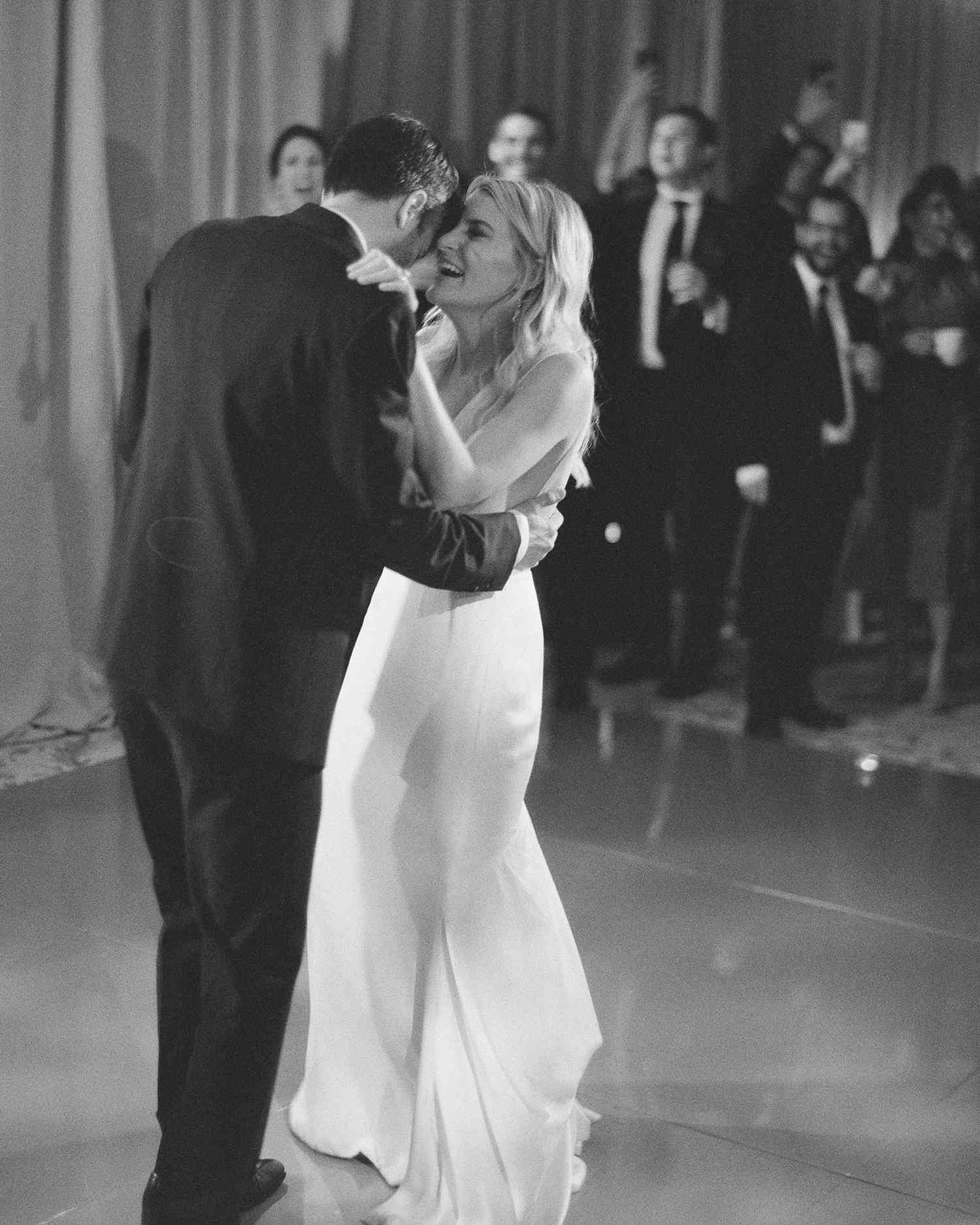 black and white photo wedding couple's first dance