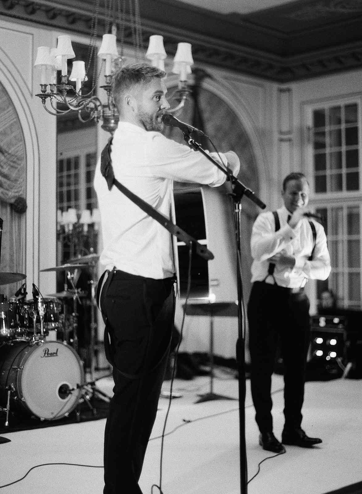 black and white photo Brett Young singing
