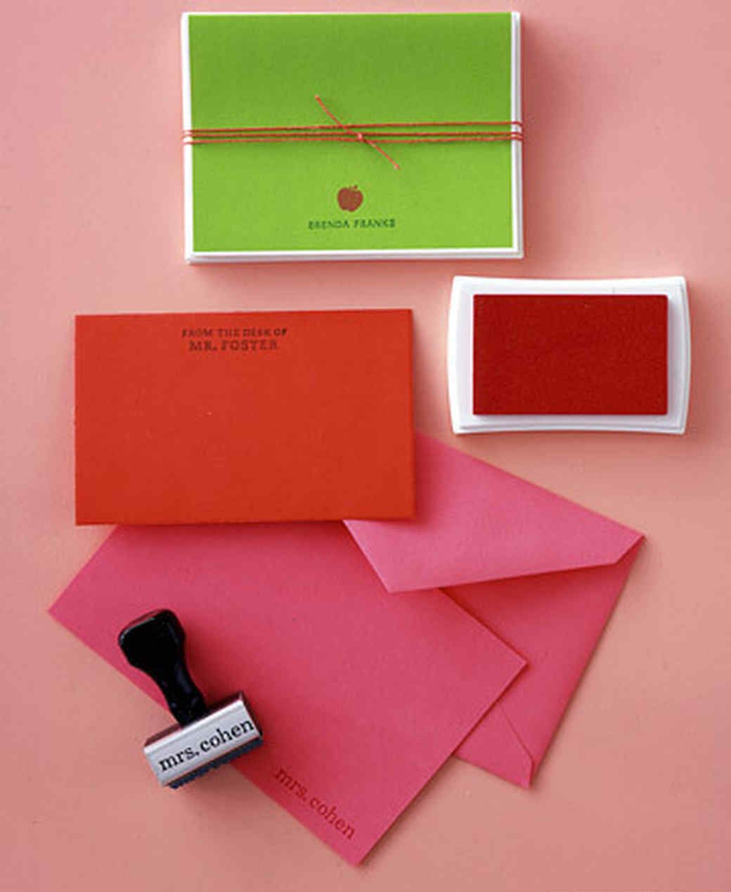 <p>Give the teacher your own stamp of approval with personalized stamps, ink pads, and blank note cards in warm, vivid colors. Print out the wording and have an office supply store create a name stamp. Bring along a photocopy of the apple icon to make a second stamp and give the pair.&nbsp;</p><p>Shop Now: Best Paper Greetings Blank Greeting Cards, $11, amazon.com. </p>