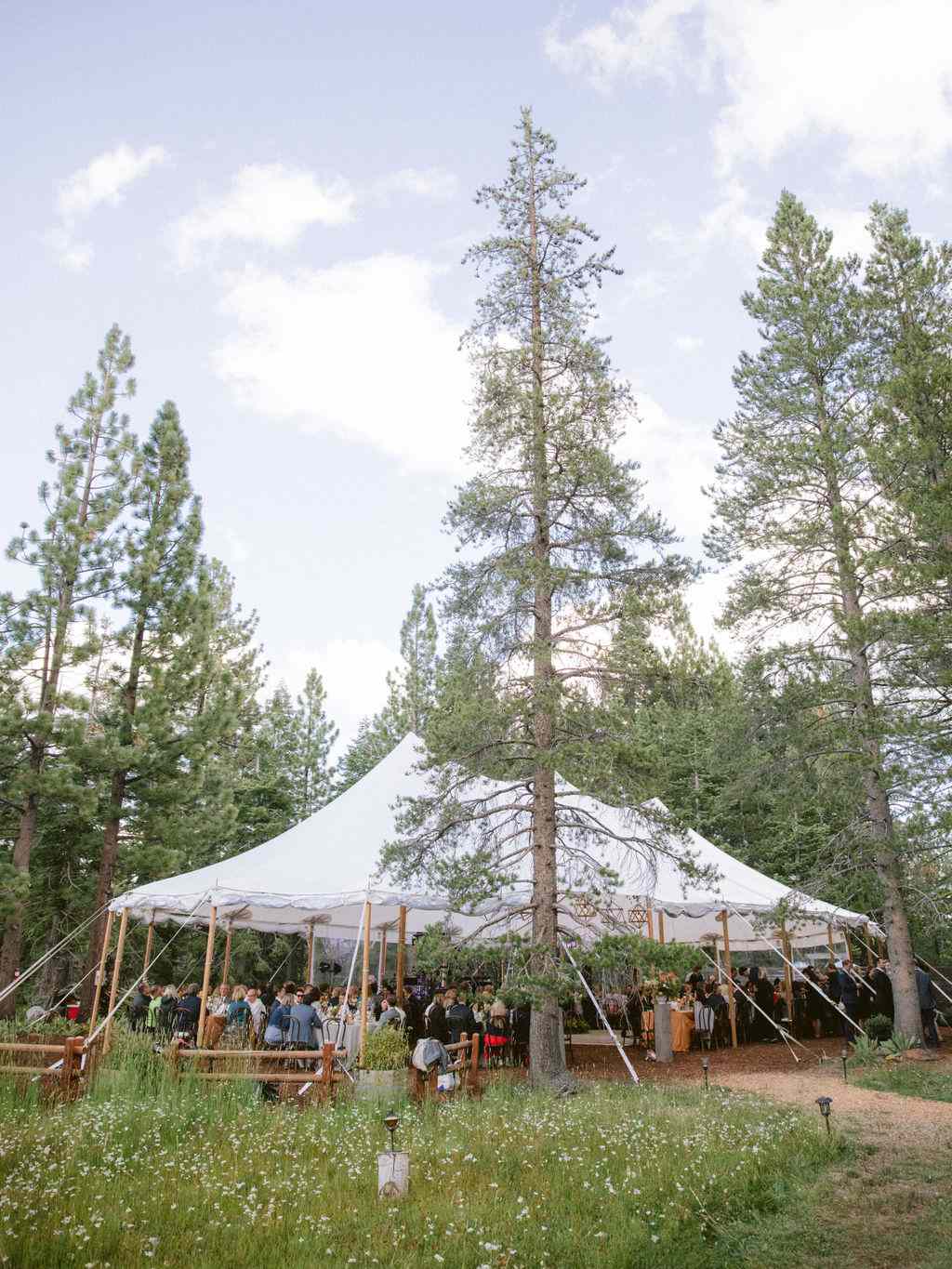 wedding reception beneath white tent in meadow