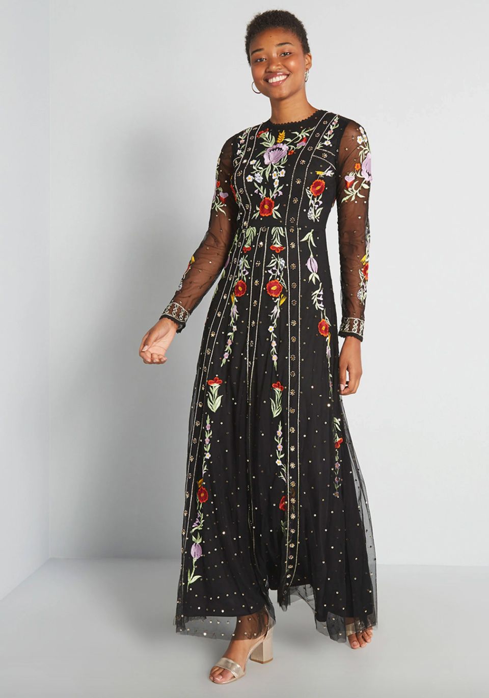 modcloth embroidered extravaganza maxi dress