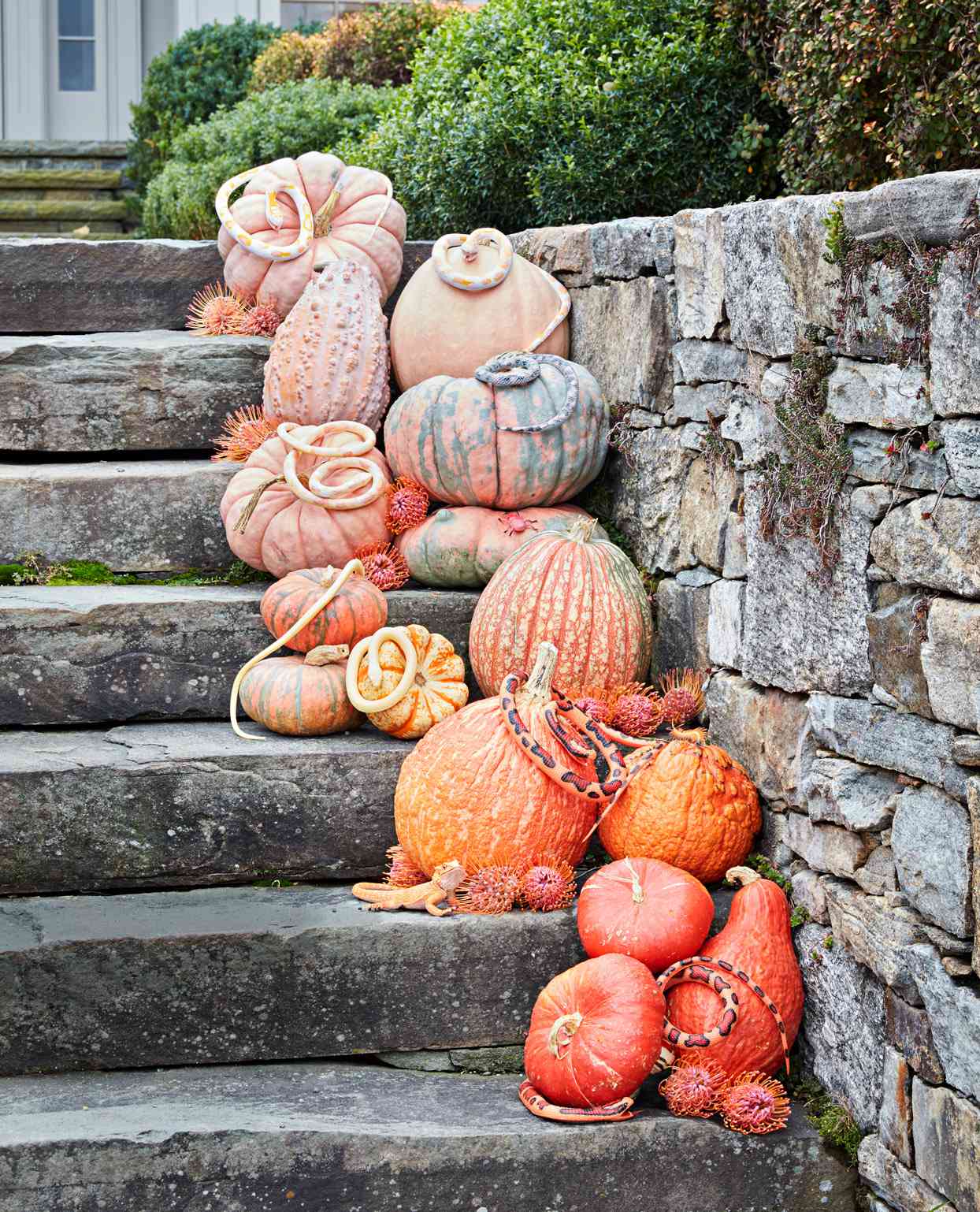 outdoor pumpkin Halloween display on stairs