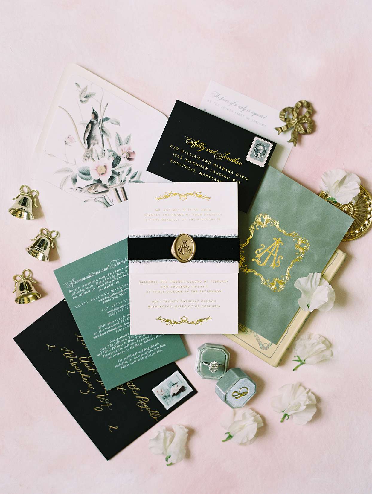 black, green, and white wedding invitation suite