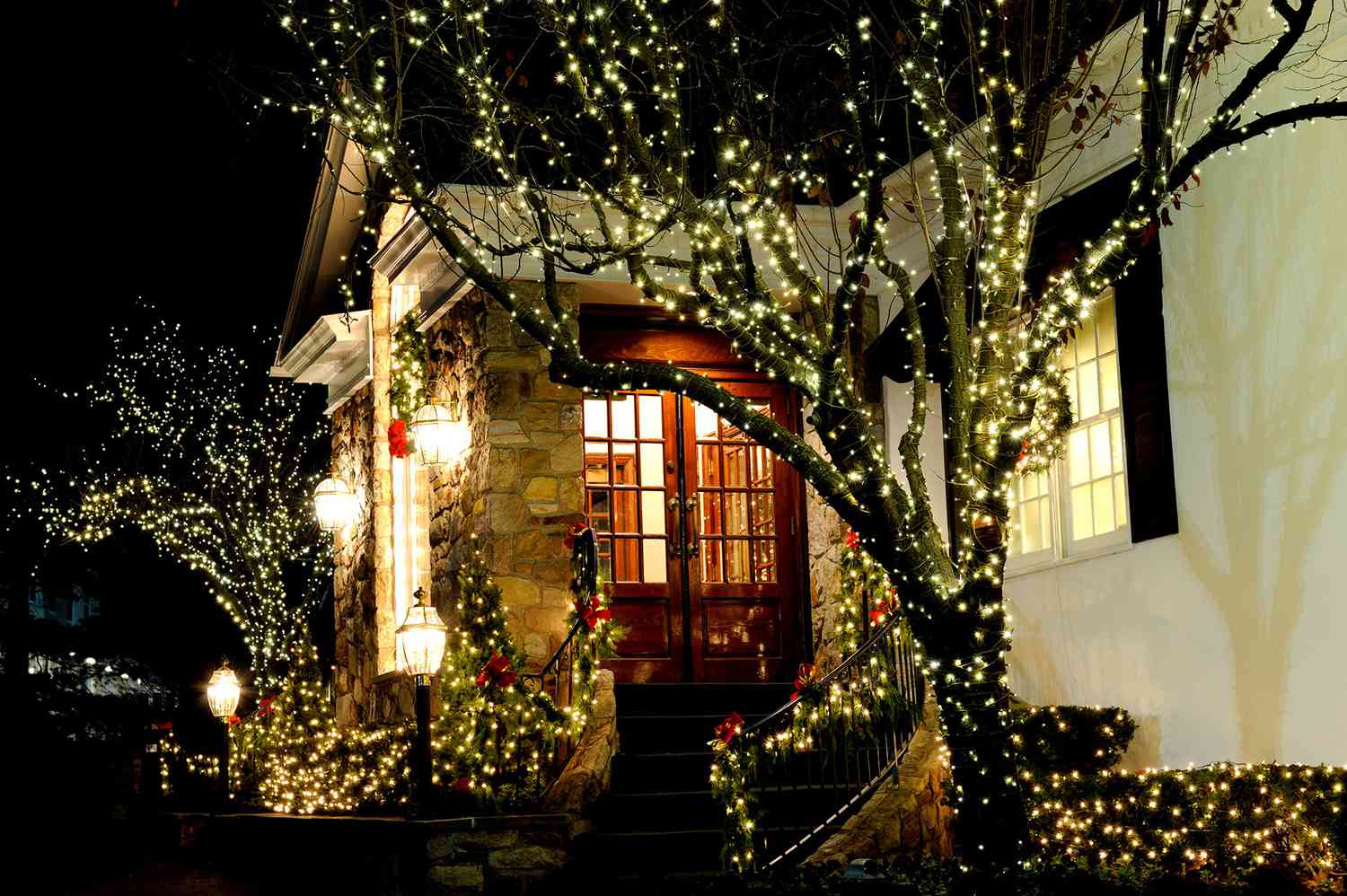 outdoor Christmas lights around entryway