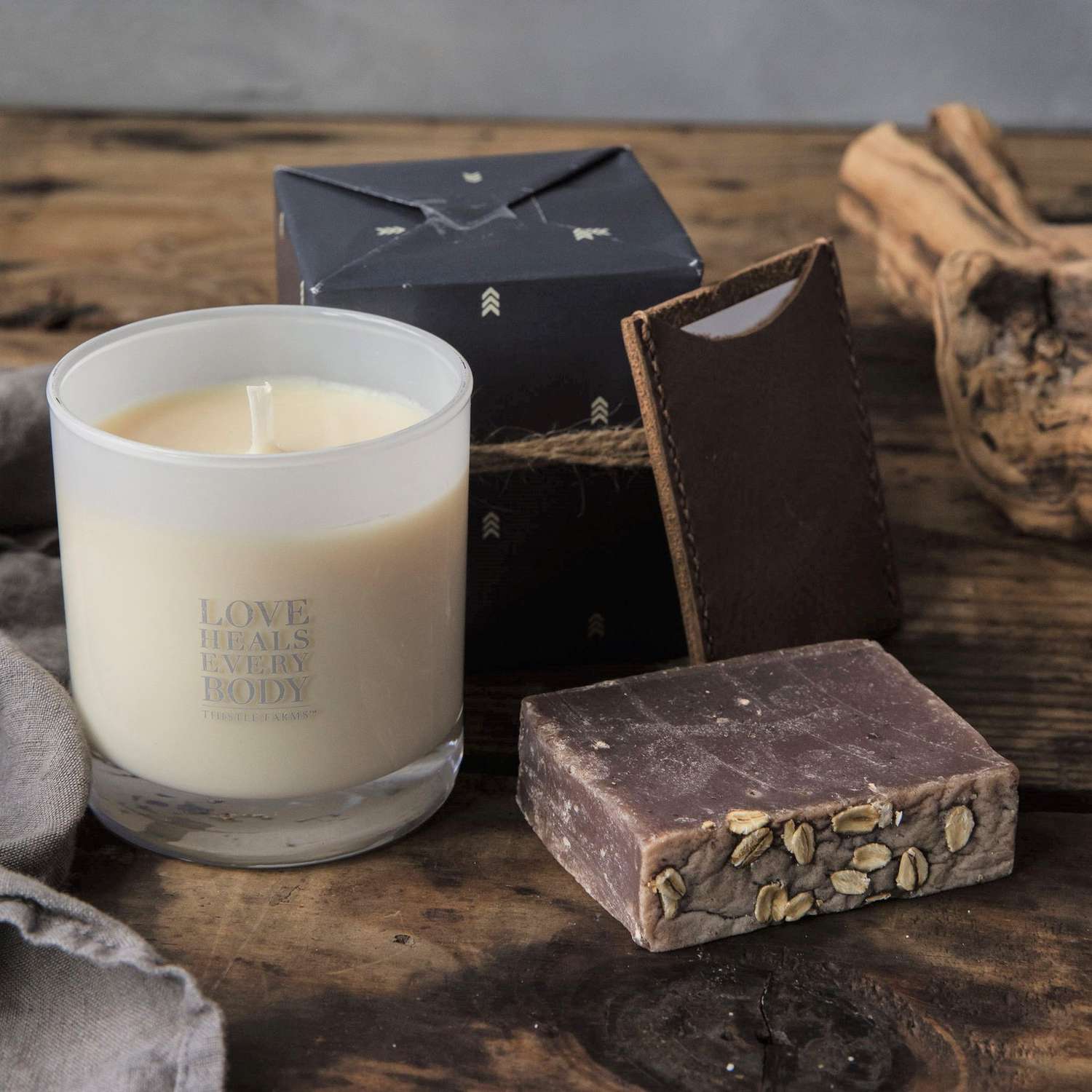 thistle farms leather tobacco set with candle and soap