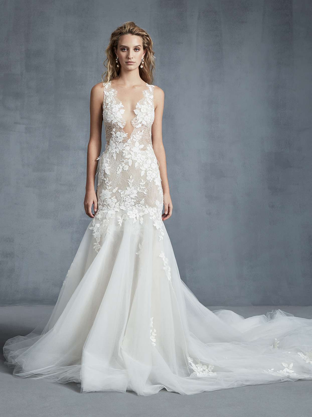 Ines Di Santo lace plunging v-neck tulle wedding dress fall 2021